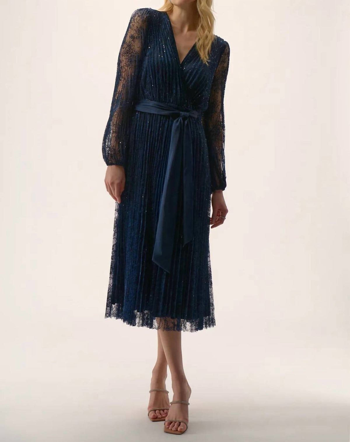 Joseph Ribkoff - Sequined Belted Long Lace Sleeve Fit & Flare Dress