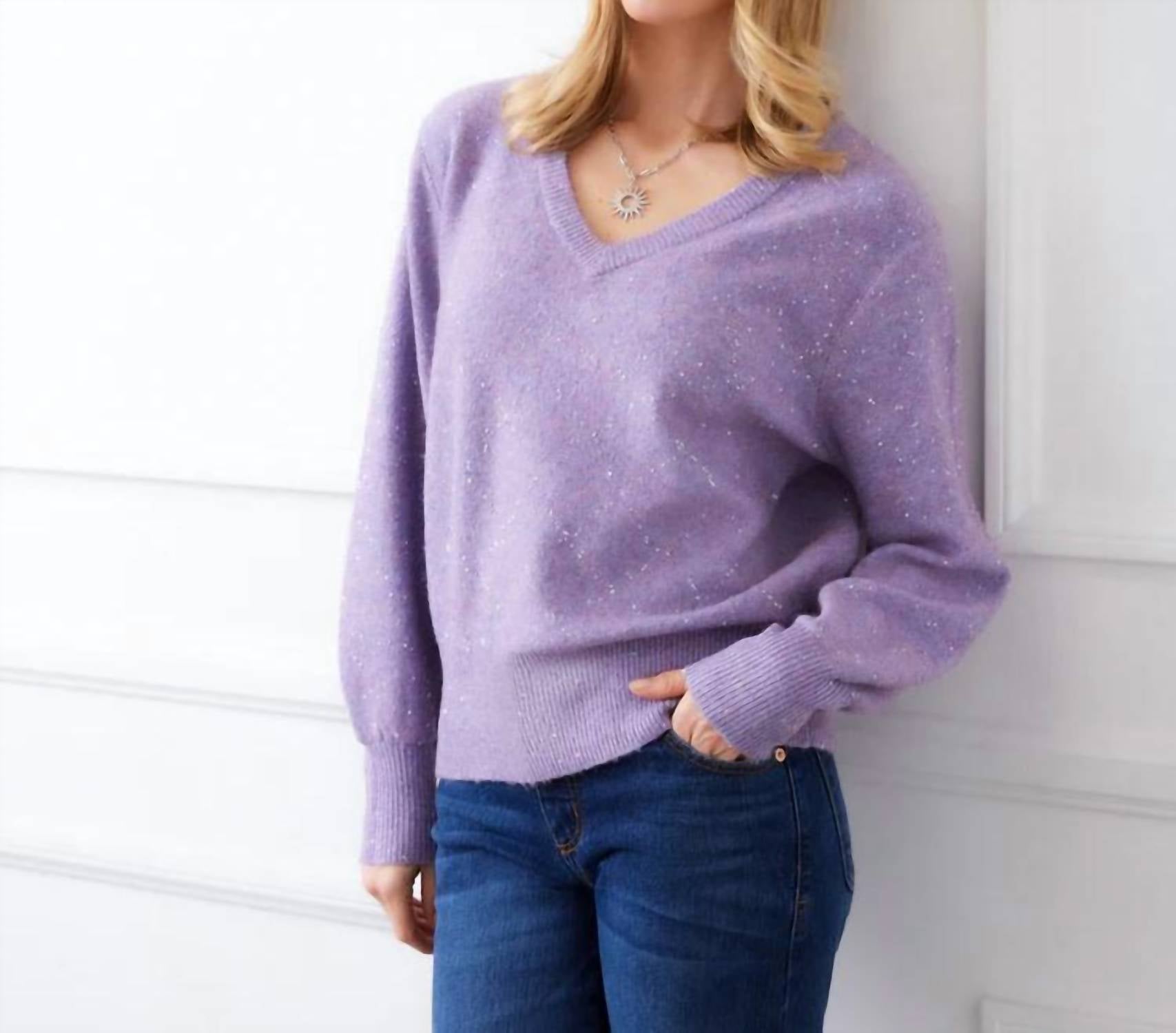 Karen Kane Shyla Sequin V-neck Sweater in lavender - women's sweater - view 4