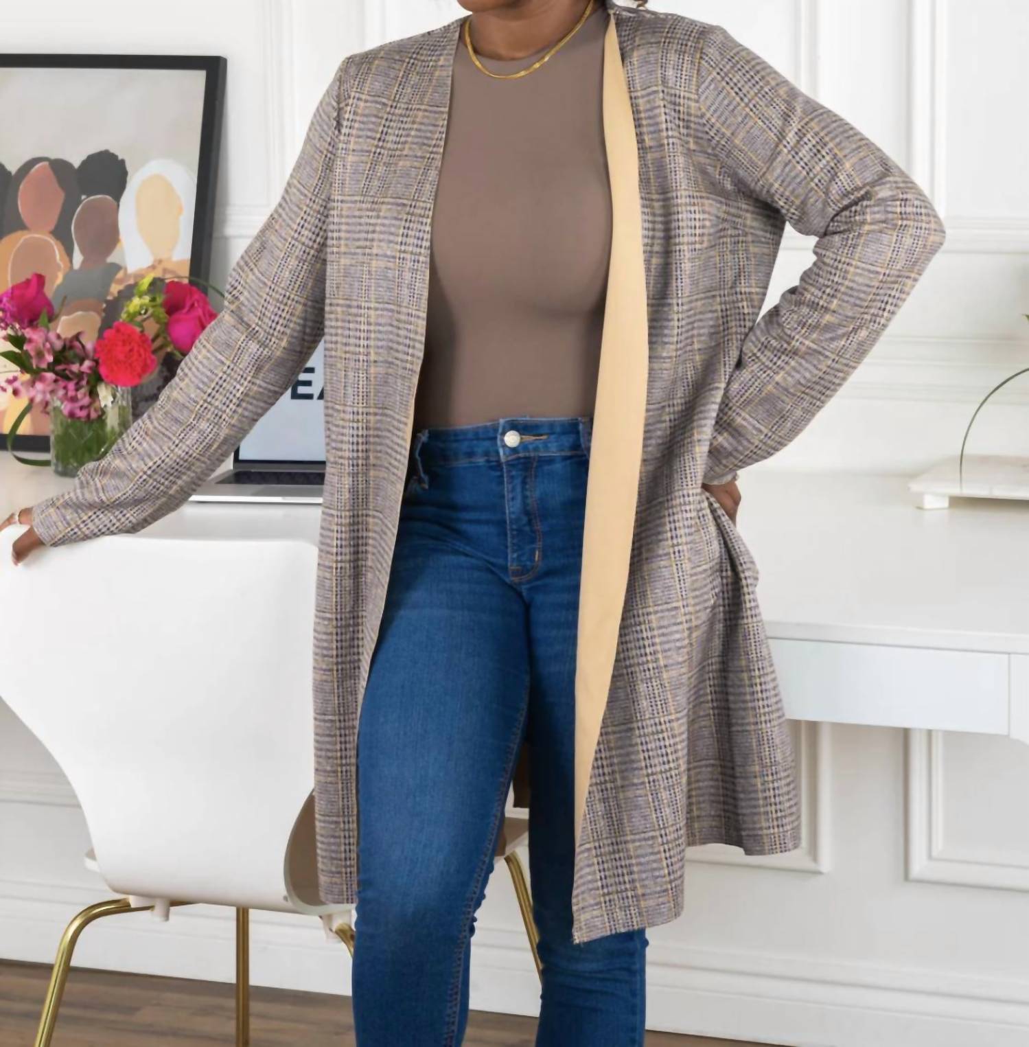 Davi & Dani - PLAID SUEDE LONGLINE SIDE SLITTED HEM BLAZER WITHOUT LAPEL