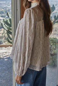MIOU MUSE Woven Mesh FLowy Top in floral - women's long sleeve top - detail view