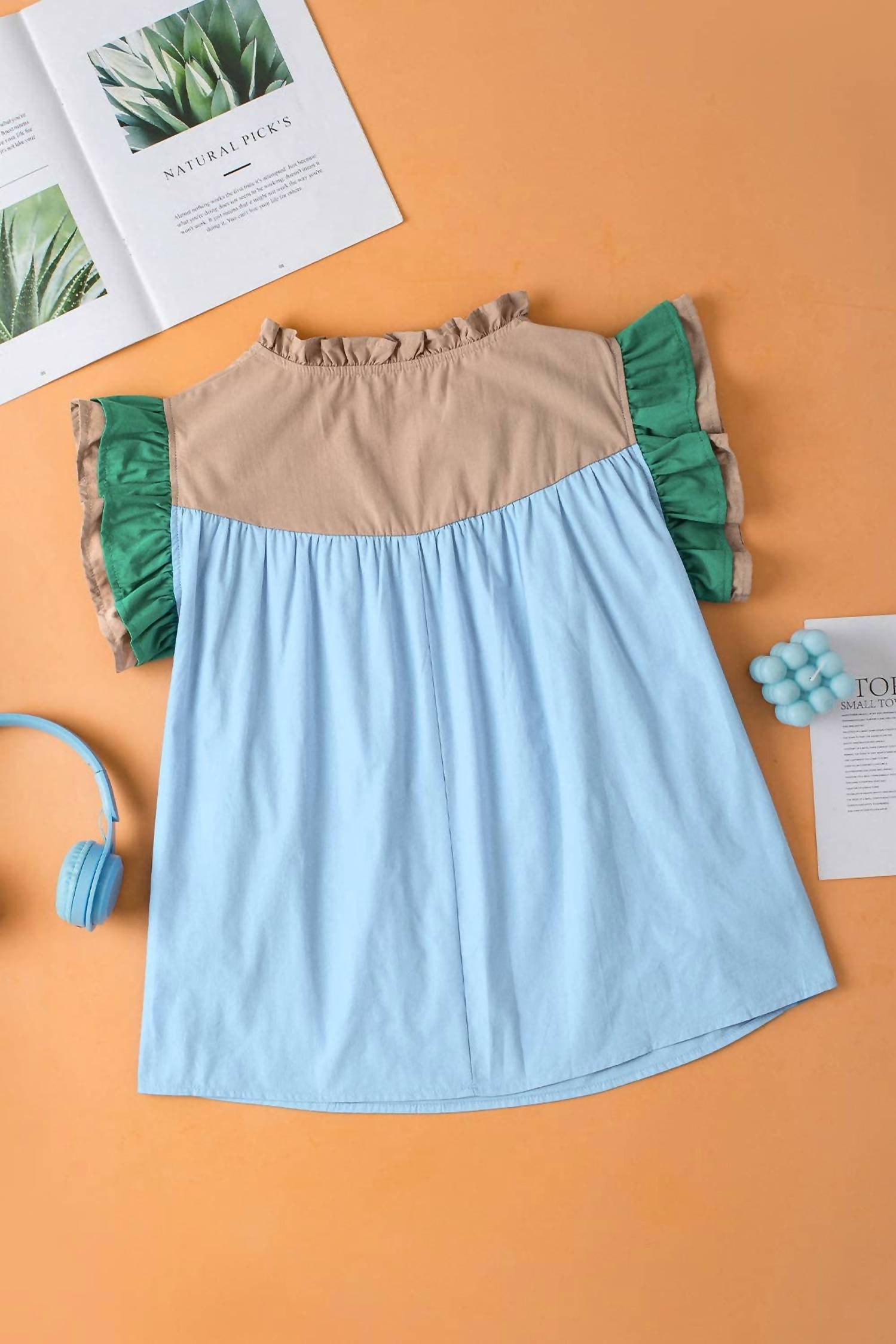 Lovesoft - Colorblock Ruffled Sleeve Frill V-neck Blouse