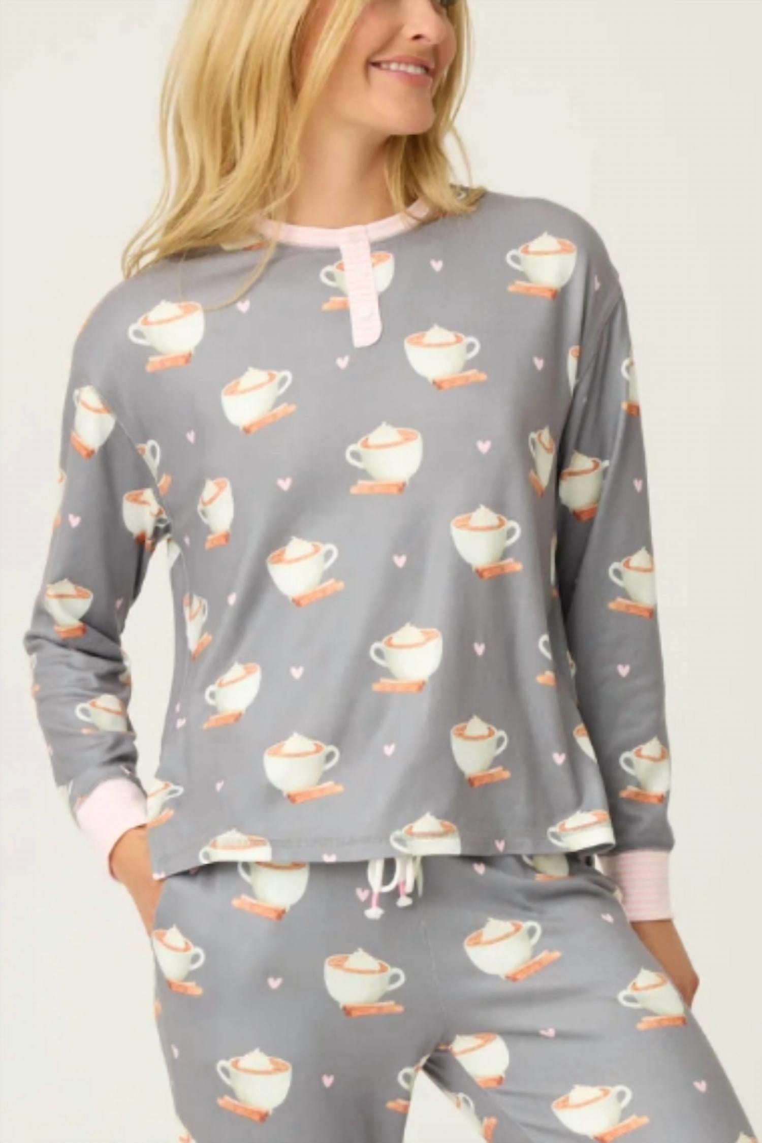 PJ Salvage Women's Love You A Latte Coffee Print Long Sleeve Top in charcoal - women's long sleeve top