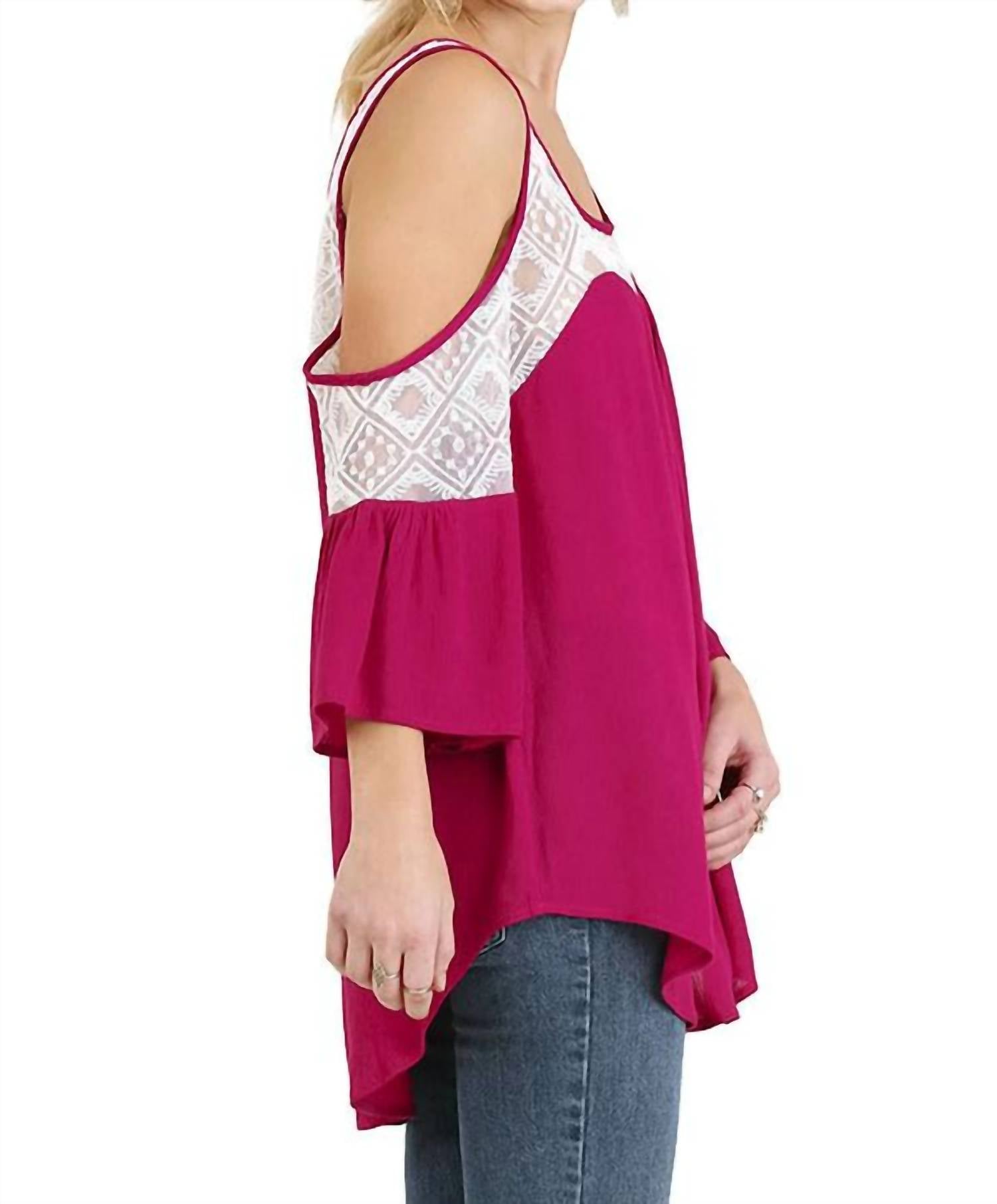 umgee Cold Shoulder Top With Lace Details in berry - women's blouse - detail view