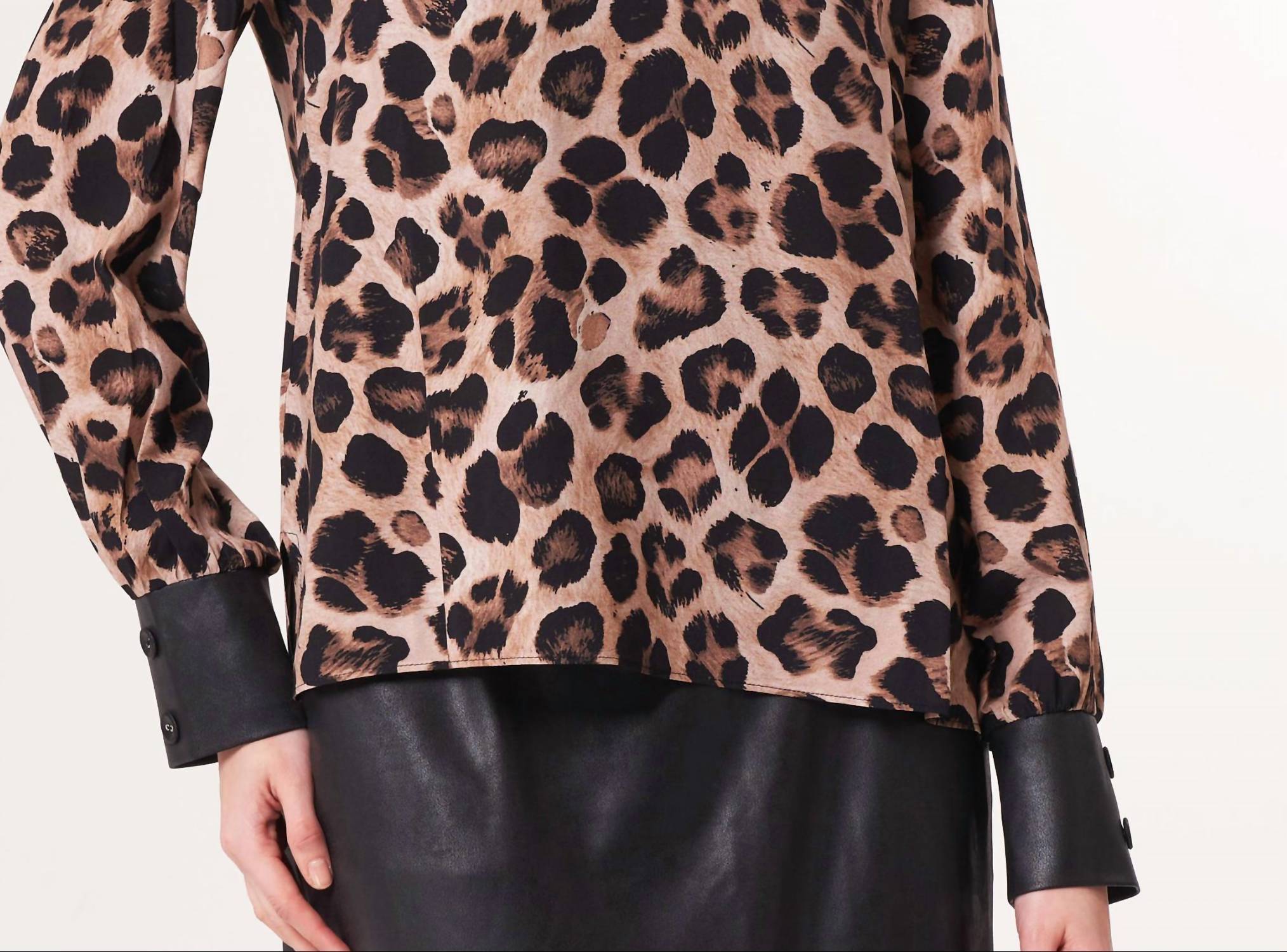 Angel Apparel Animal Print Top With Vegan Leather Trim in leopard black - women's blouse