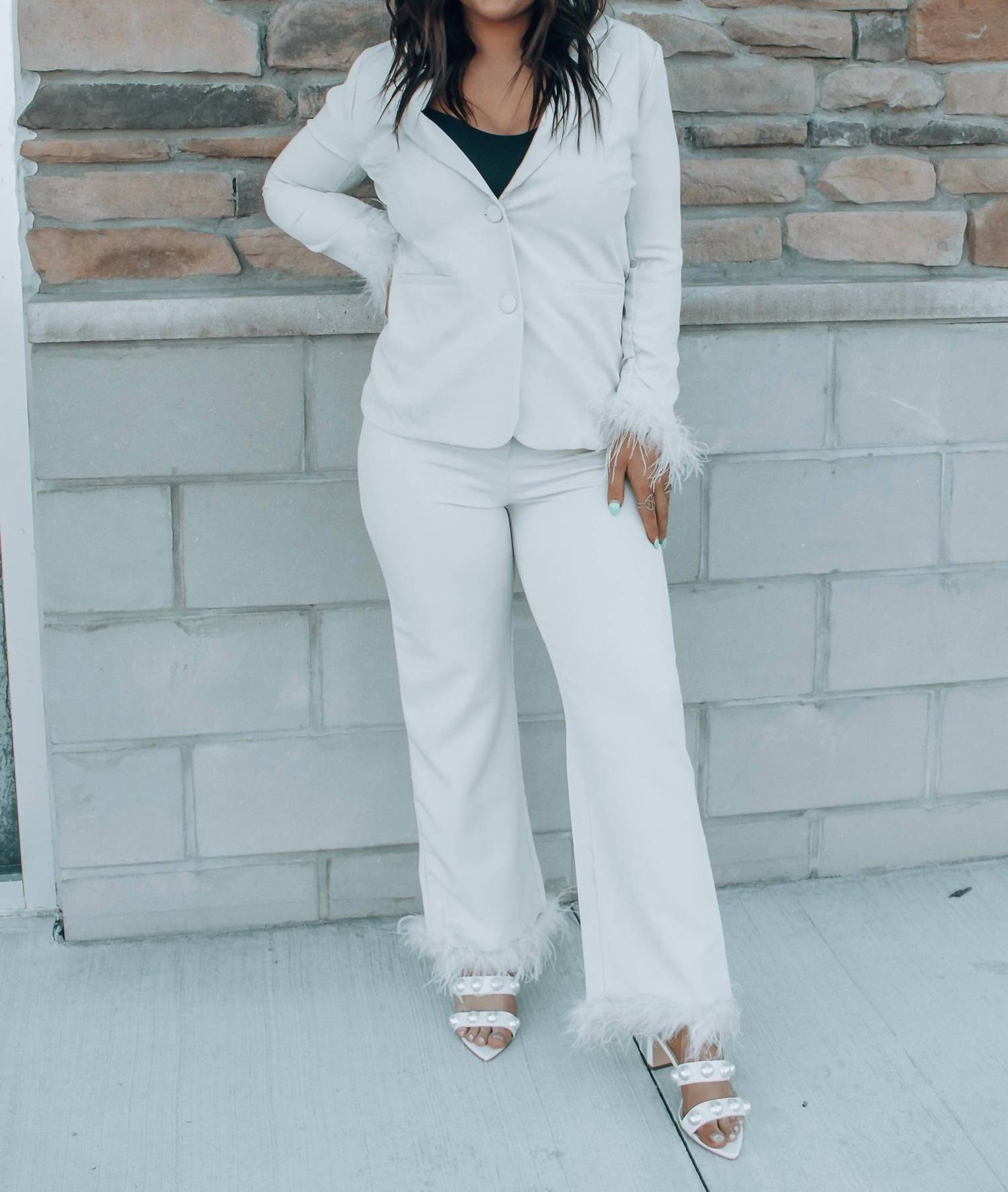 SKIES ARE BLUE Business Baddie Feather Cuff Straight Pants in cream - women's pants - view 4