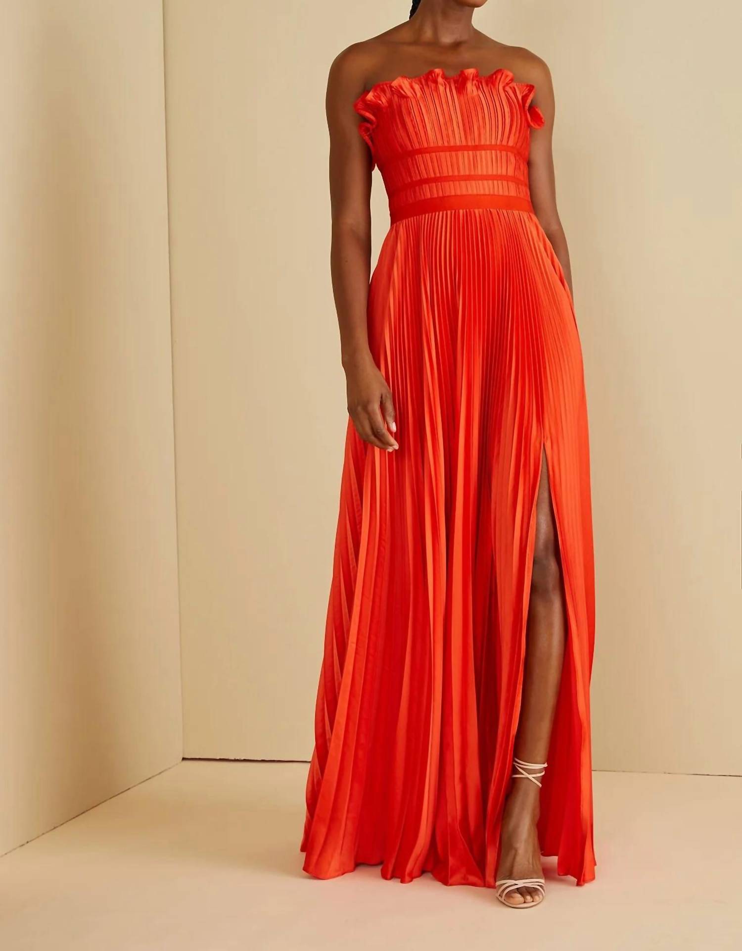 AMUR Losey Ruffle Neck Gown in sun coral - women's dress