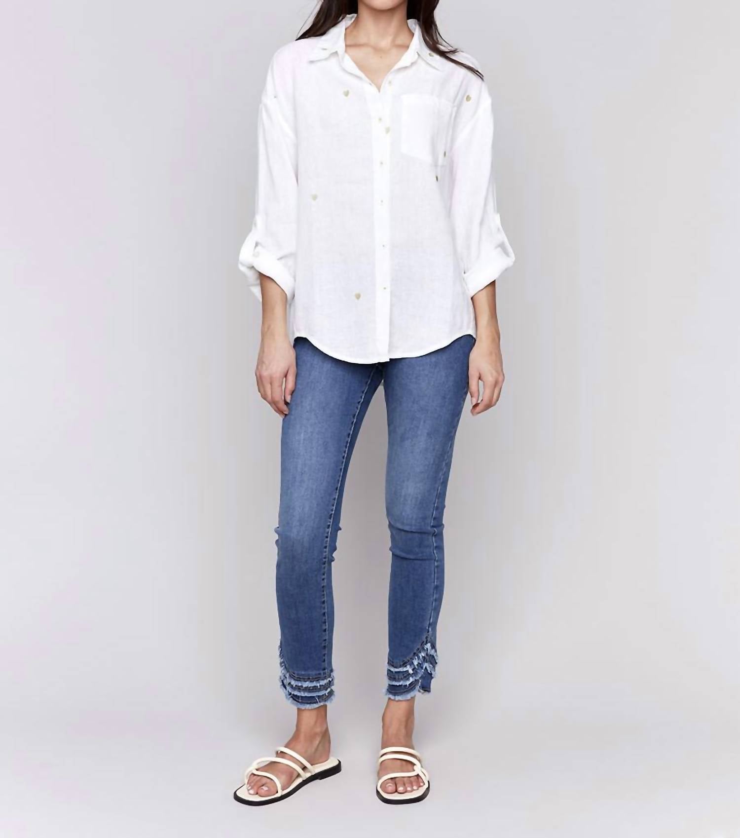 CHARLIE B Heart Embroidered Blouse in white gold - women's blouse