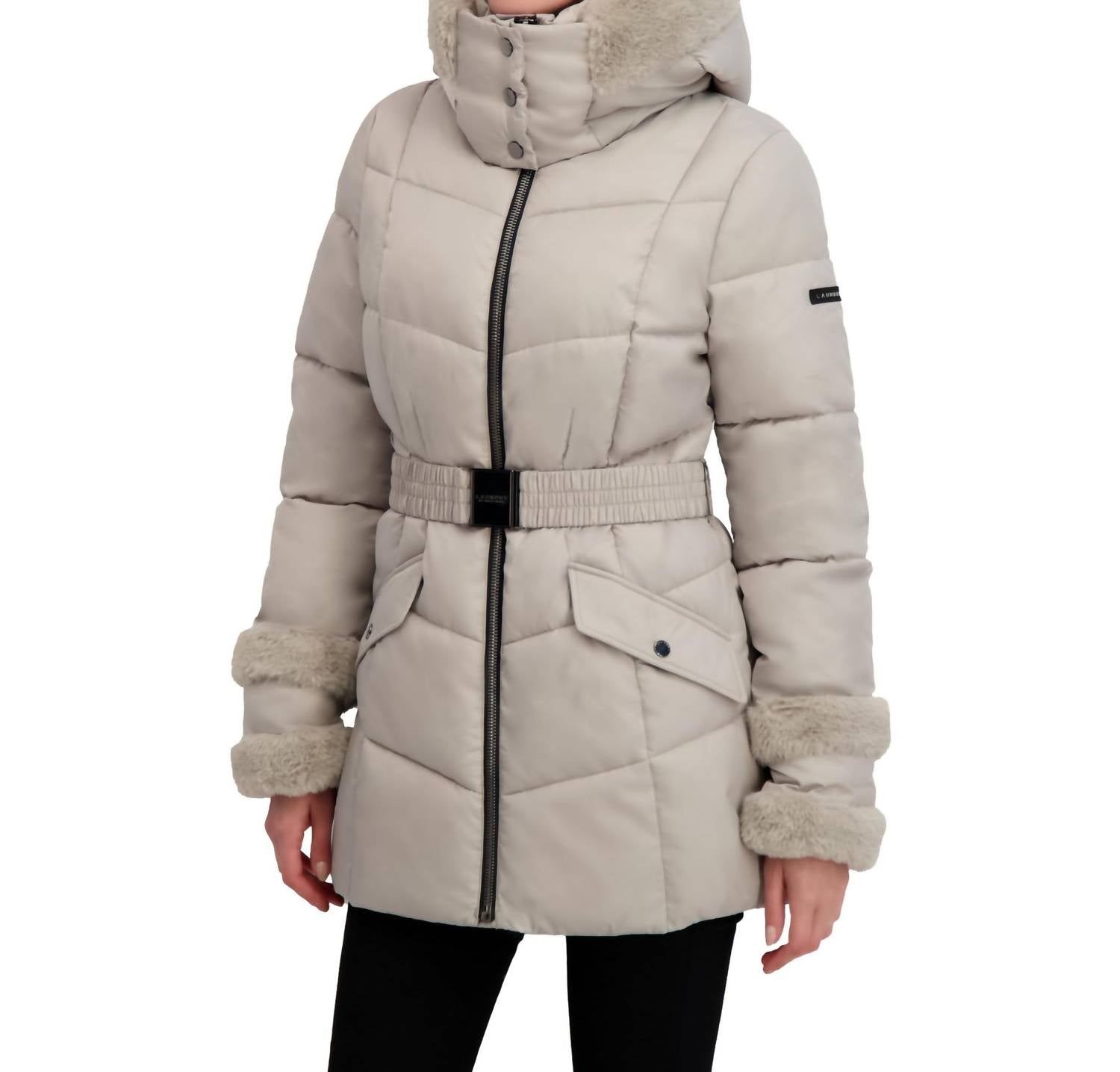 Laundry By Shelli Segal - Stretch Quilted Puffer Coat With Faux Fur Trim Jacket