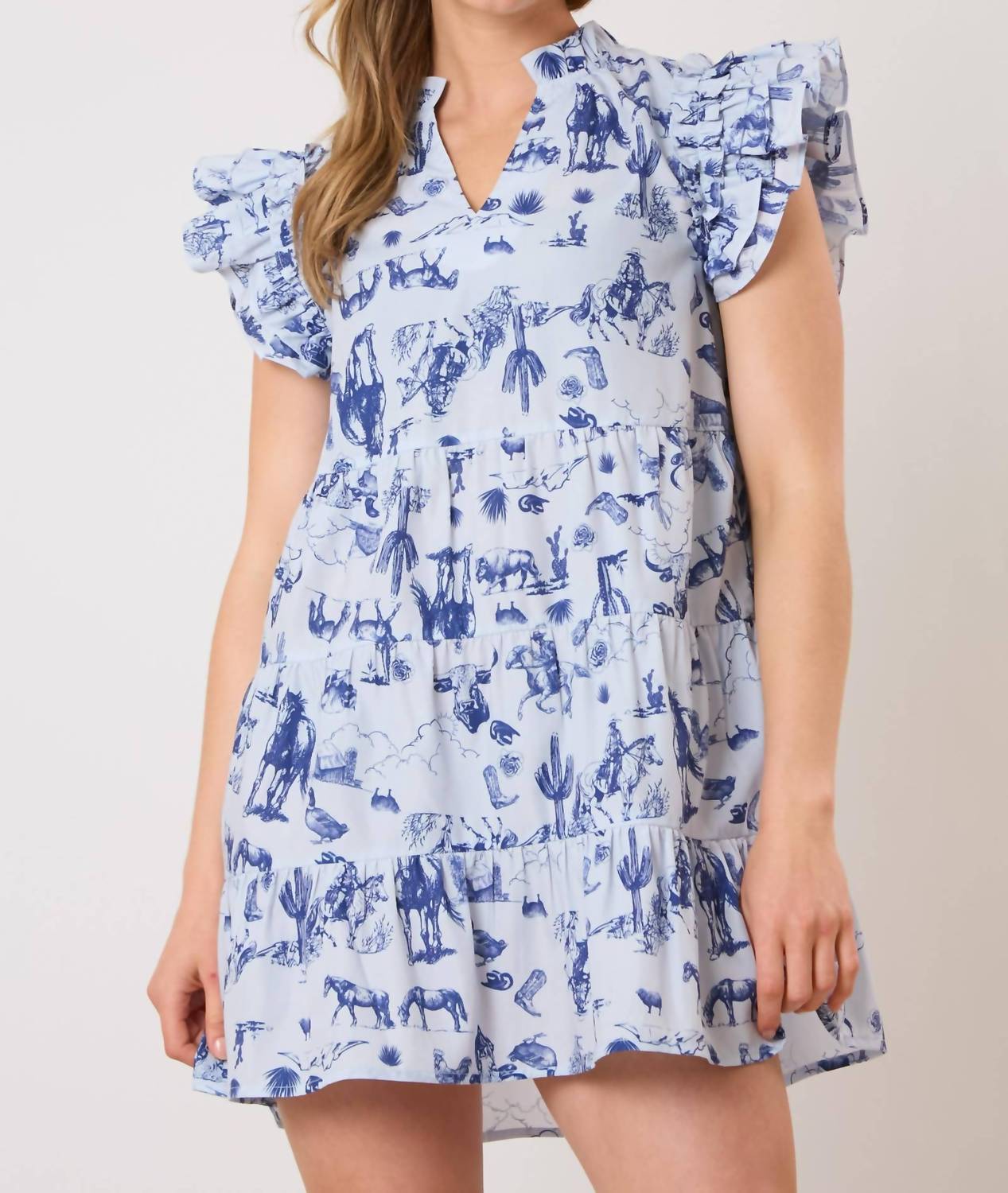 FANTASTIC FAWN Western Print Sleeveless Mini Dress in light blue - women's dress