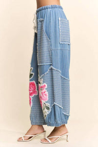 Davi & Dani - Denim Flower Patchwork Pants