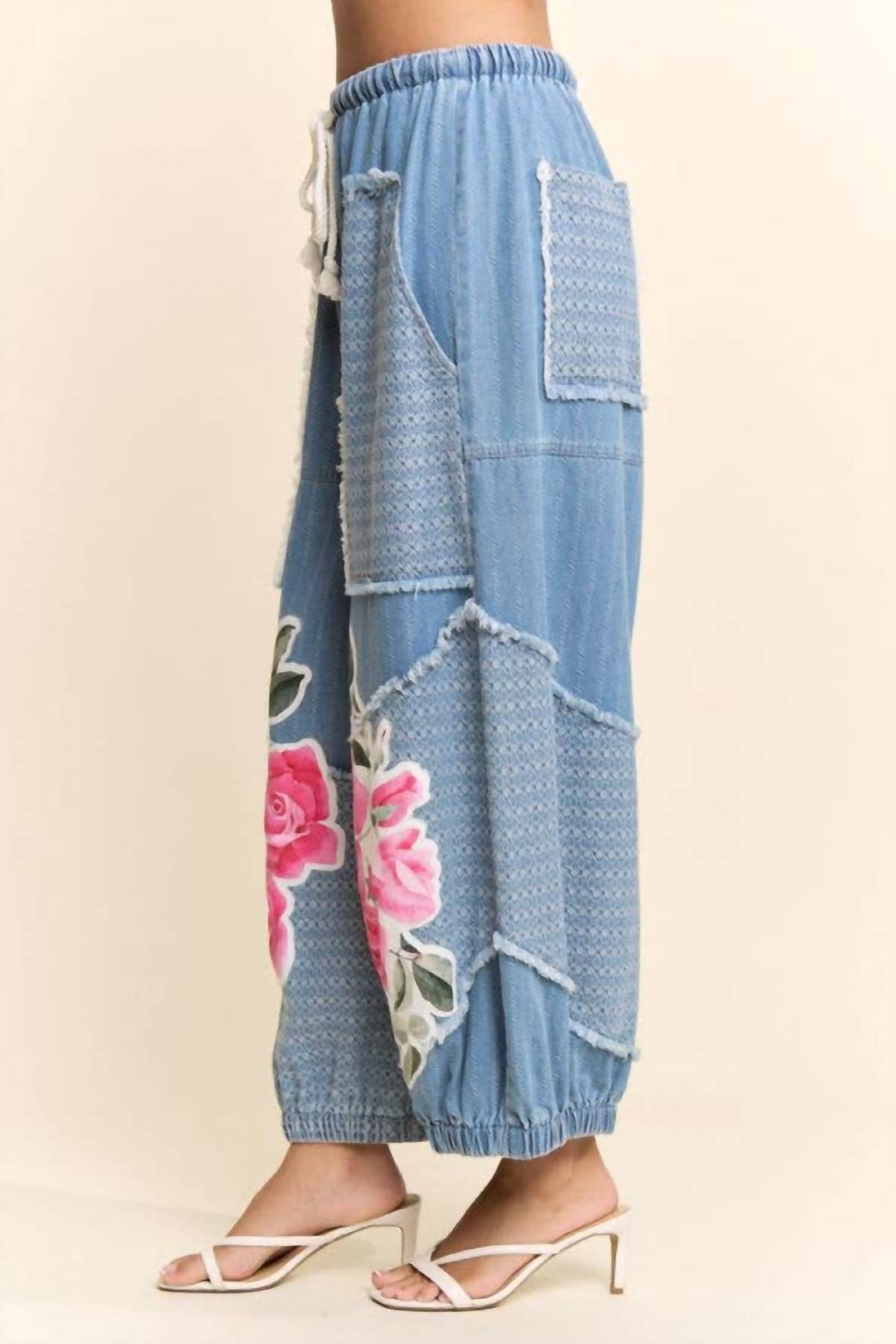 Davi & Dani - Denim Flower Patchwork Pants