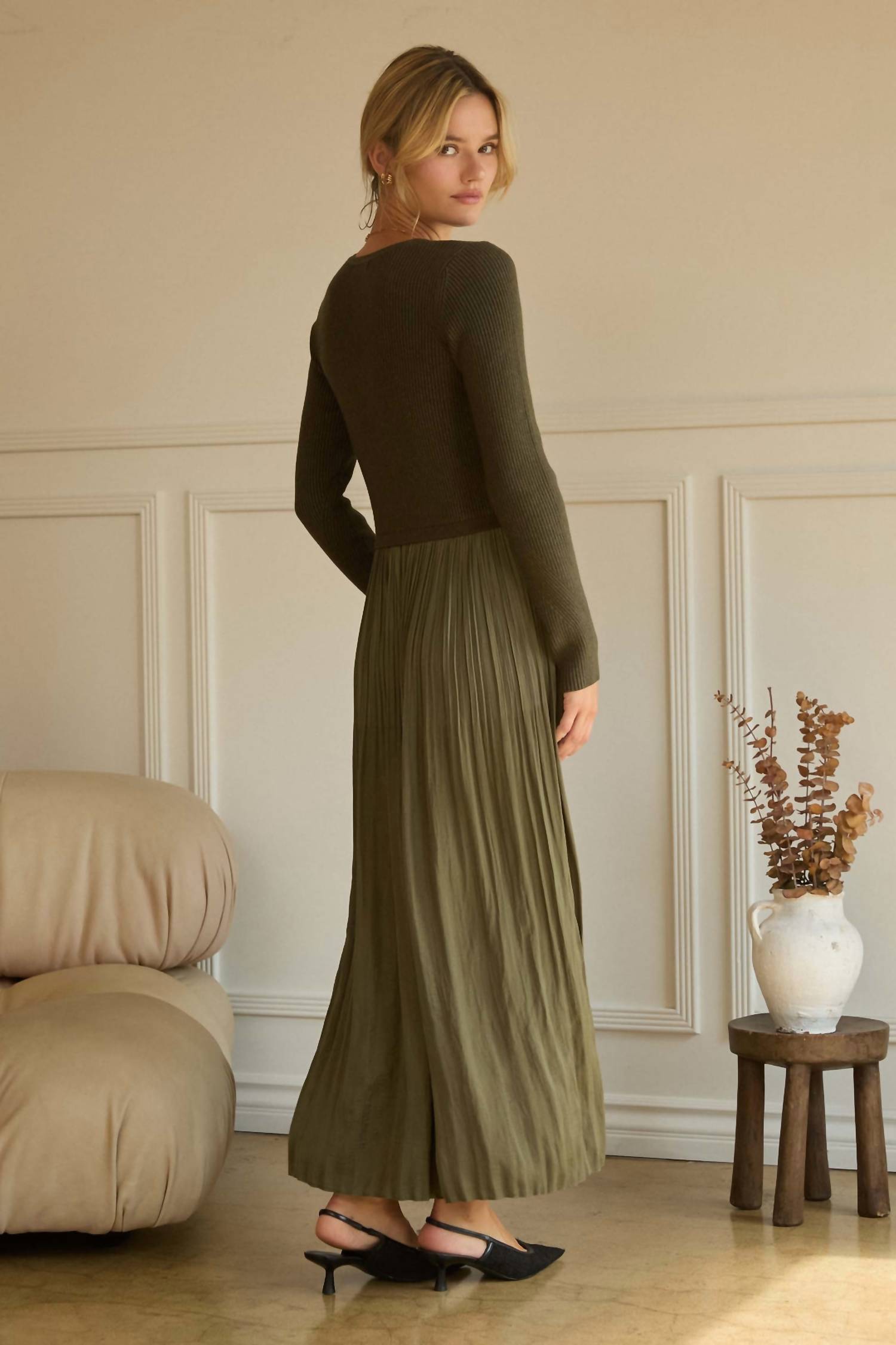 SKIES ARE BLUE Talia Dress in olive - women's dress - alternate view