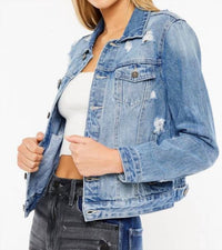 KanCan Classic Trucker Jacket in medium wash - women's jacket - detail view