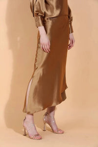 Jessie Liu - Asymmetrical Hem Satin Slip Midi Skirt