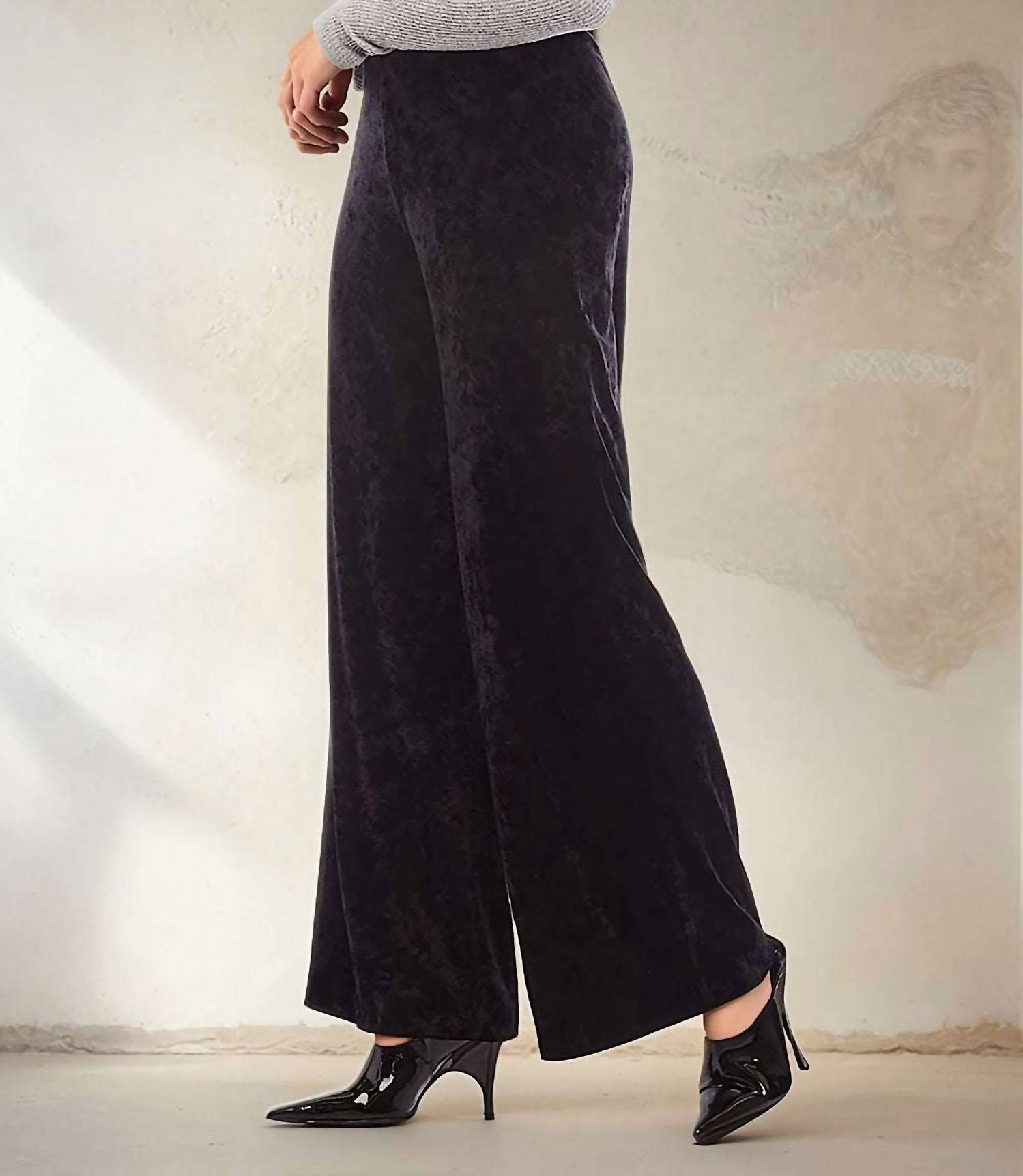 Karen Kane Crushed Velvet Wide Leg Pants in black - women's pants - detail view
