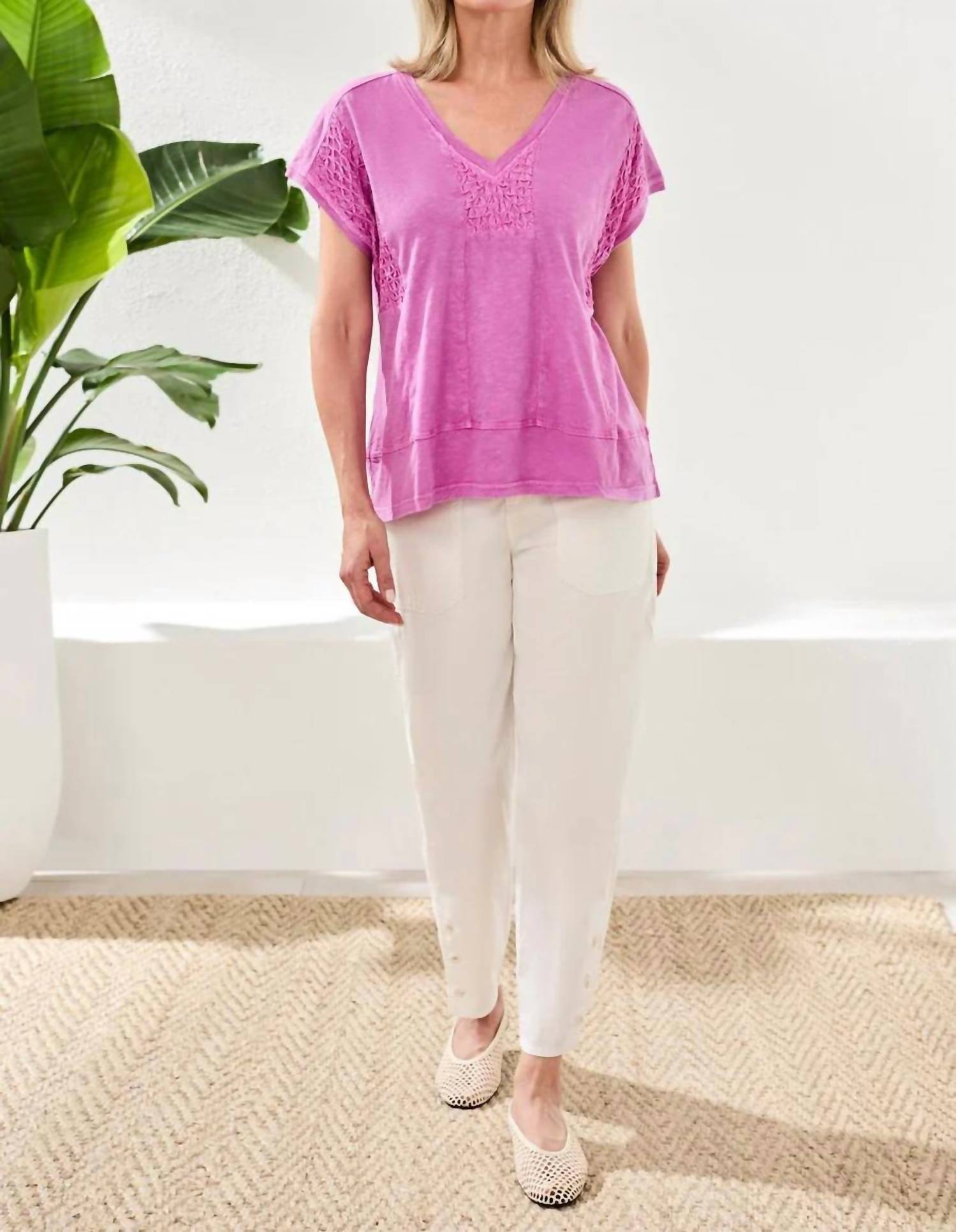 Tribal - Slub Knit V-neck Cap Sleeve Top