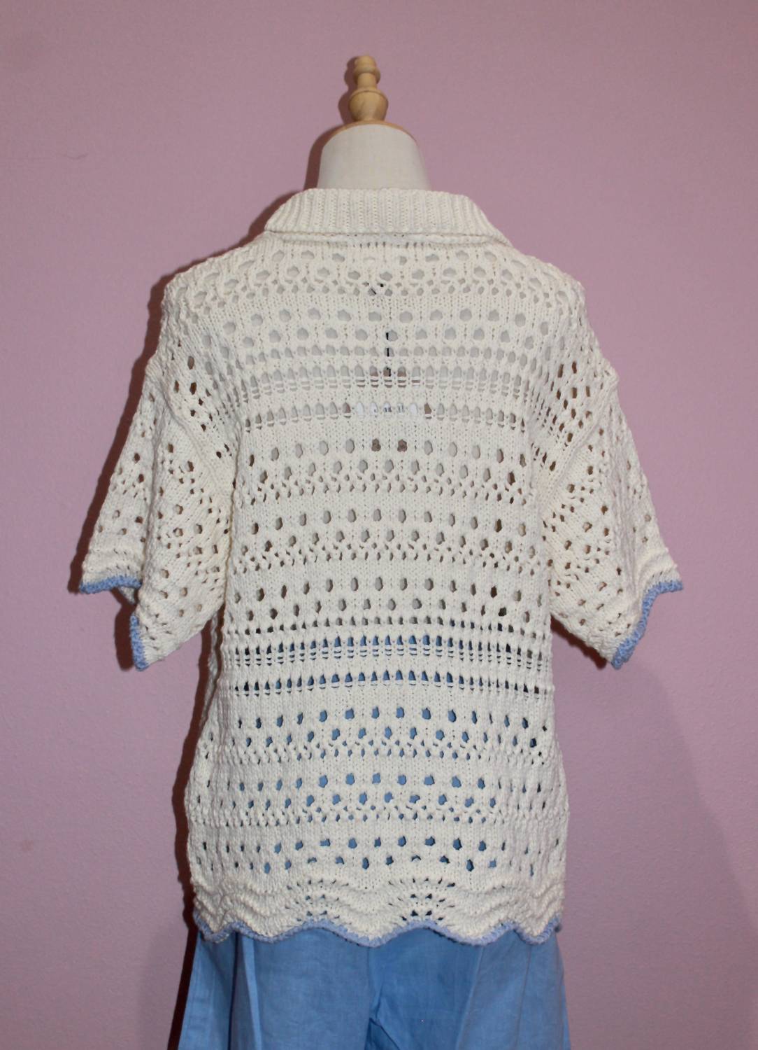 Aaron & Amber Button Down Wave Trim Collared Sweater in cream - women's sweater - alternate view