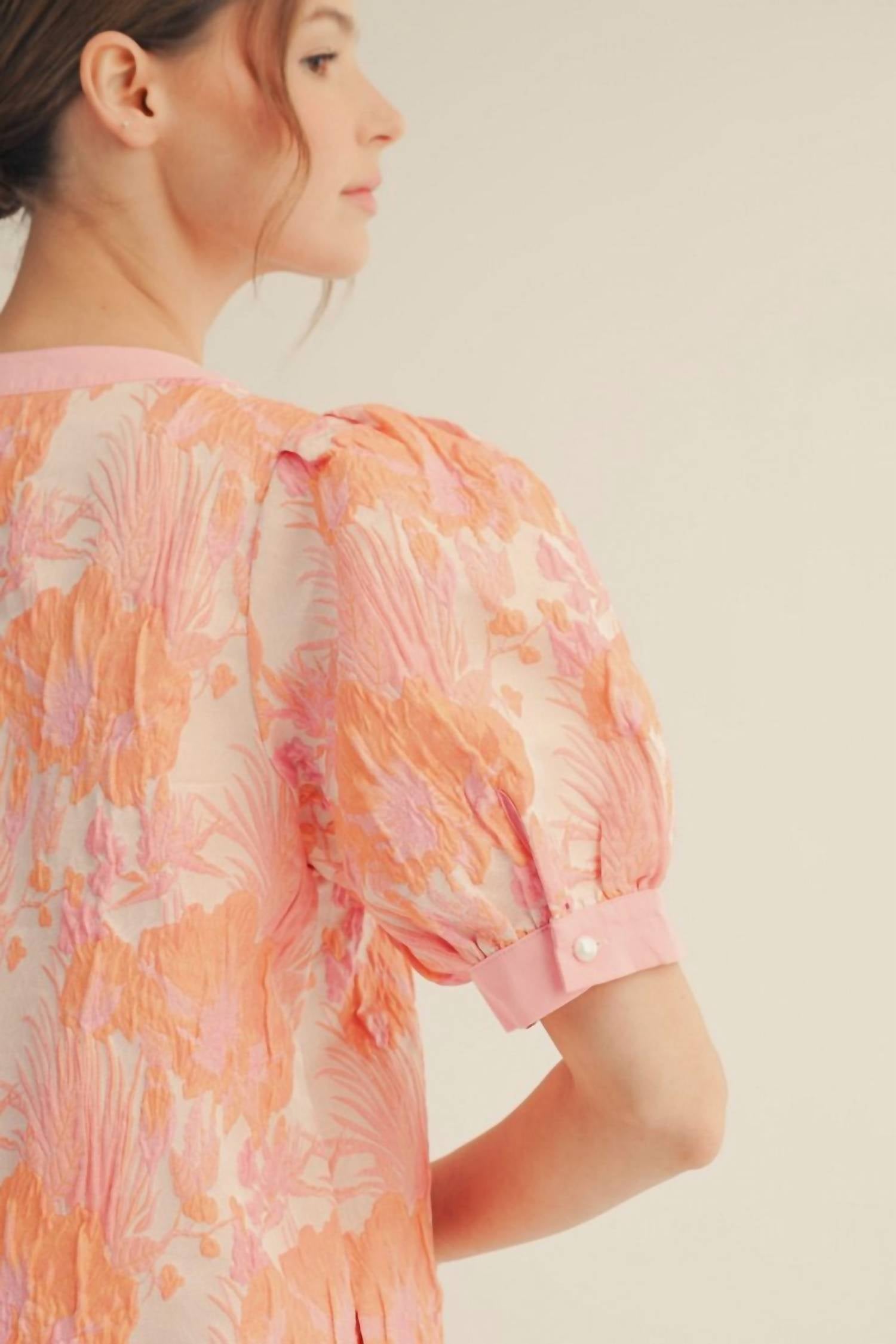 Jodifl - Short Puff Sleeves Floral Jacquard Dress