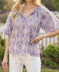 Voy - Embroidered Eyelet Tassel Top