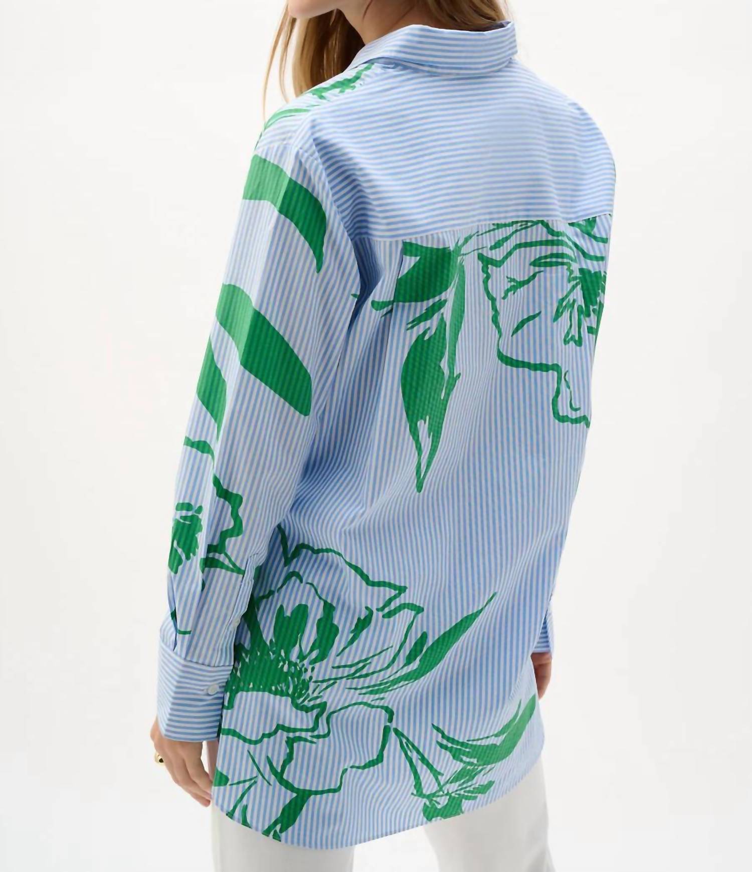 Joseph Ribkoff Cotton Stripe Floral Shirt in blue and green multi - women's blouse - alternate view