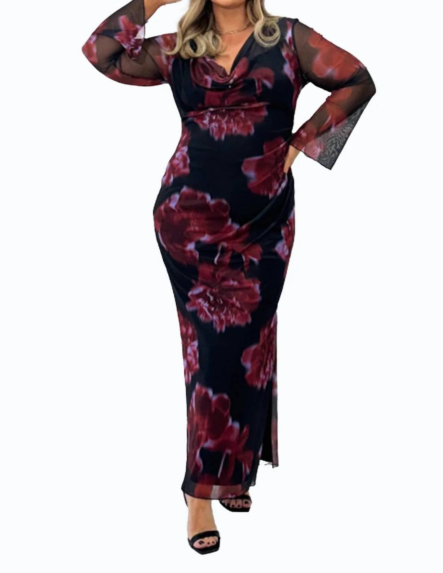 Fashion Szn Curve - Cowl Neck Mesh Flare Sleeve Maxi Dress - Plus