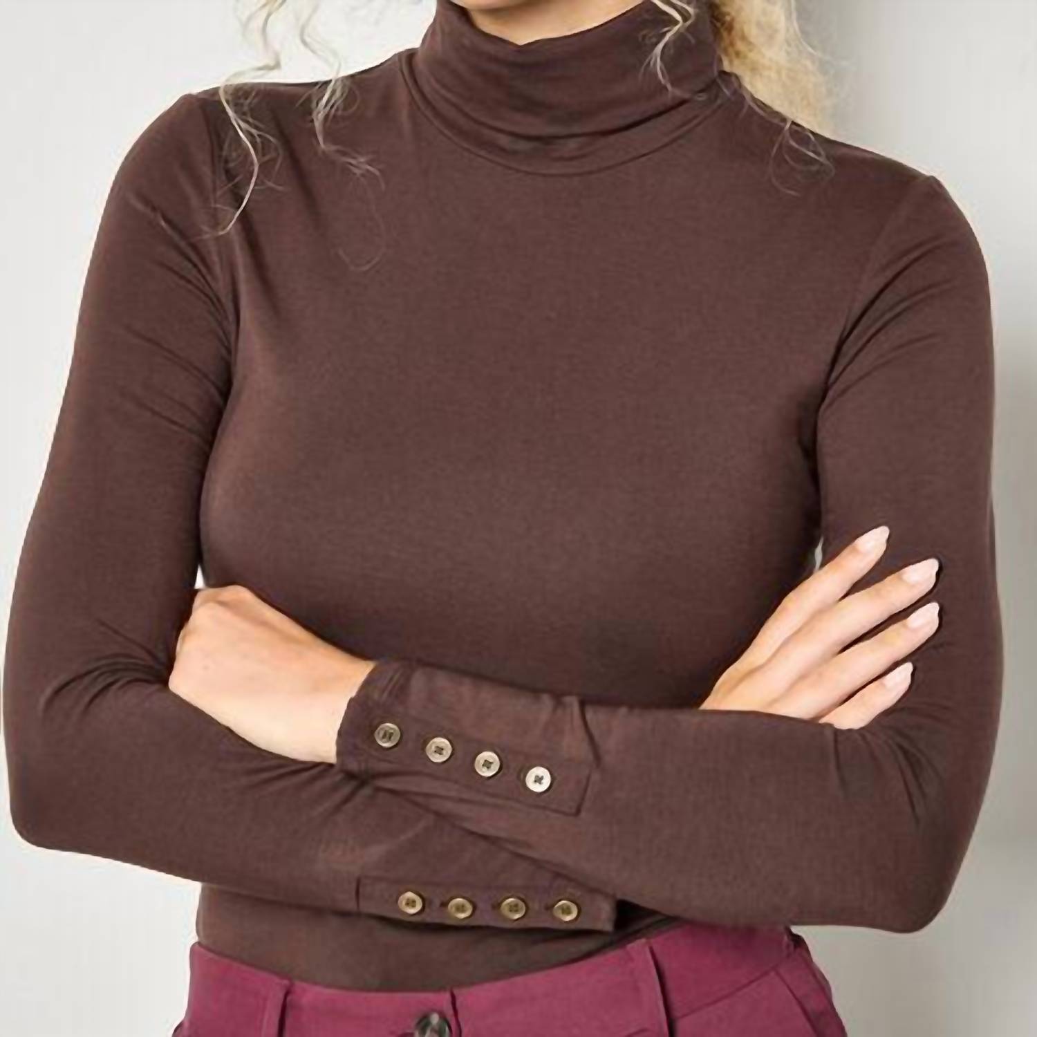 Apricot - Turtle Neck Button Cuff Top