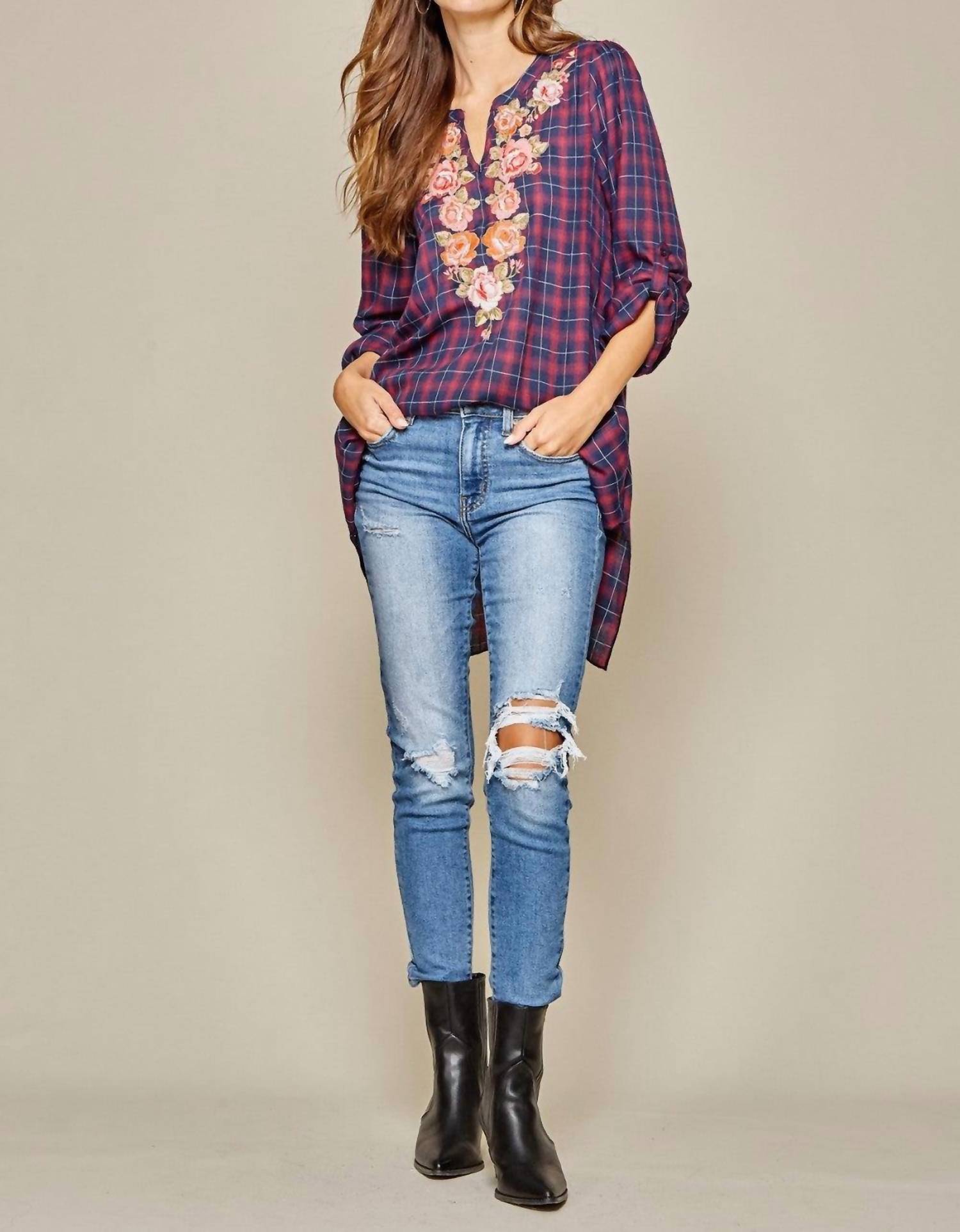 Andree By Unit - Plaid Embroidered Top