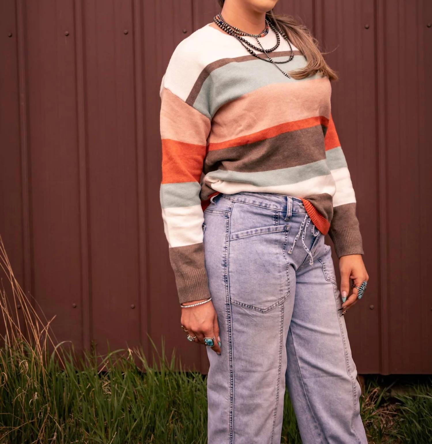 1 The Woman - Striped Color Block Knit Drop Shoulder Sweater