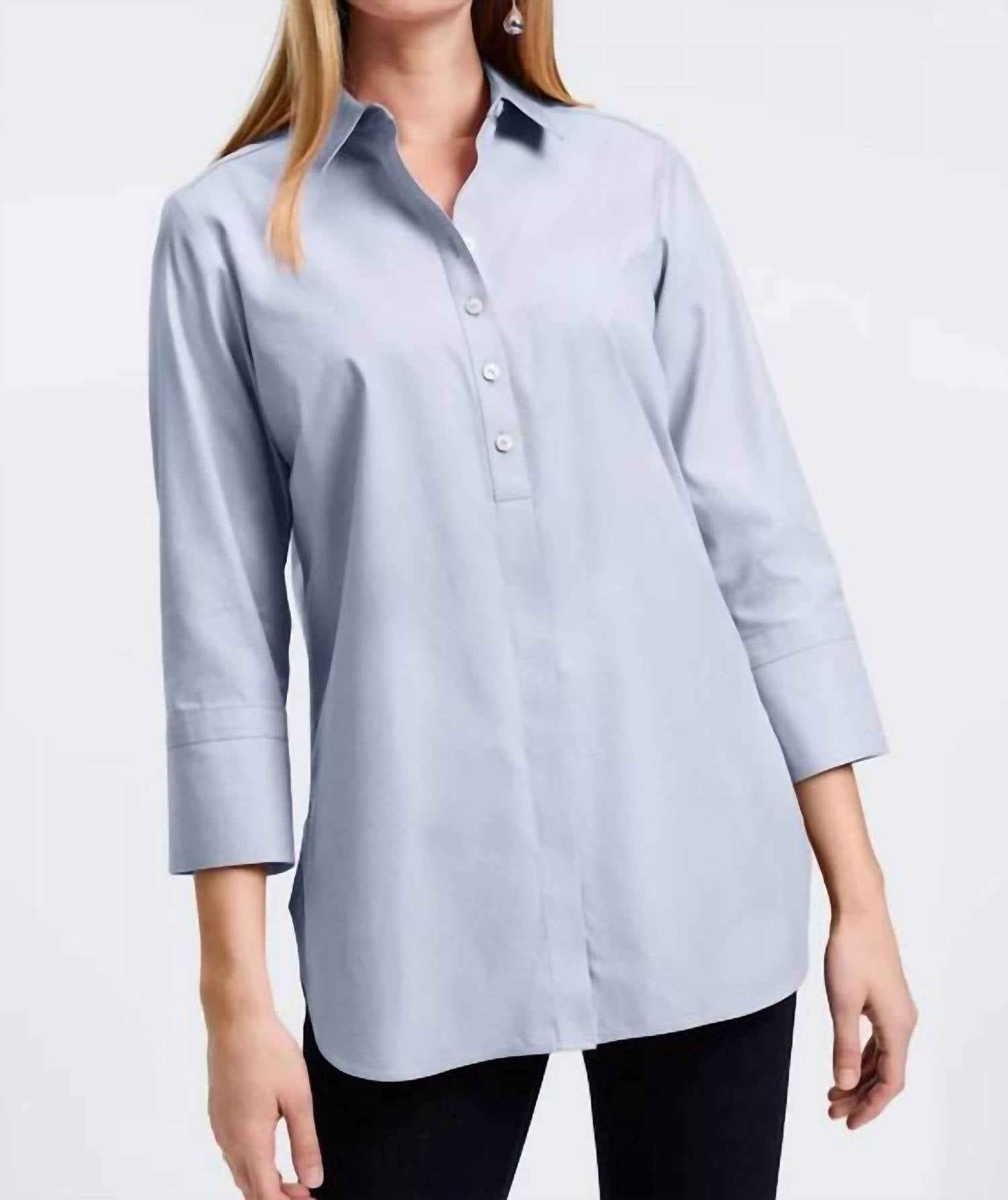 Foxcroft Madison No Iron Pinpoint 3/4 Sleeve Tunic in light blue - women's shirt