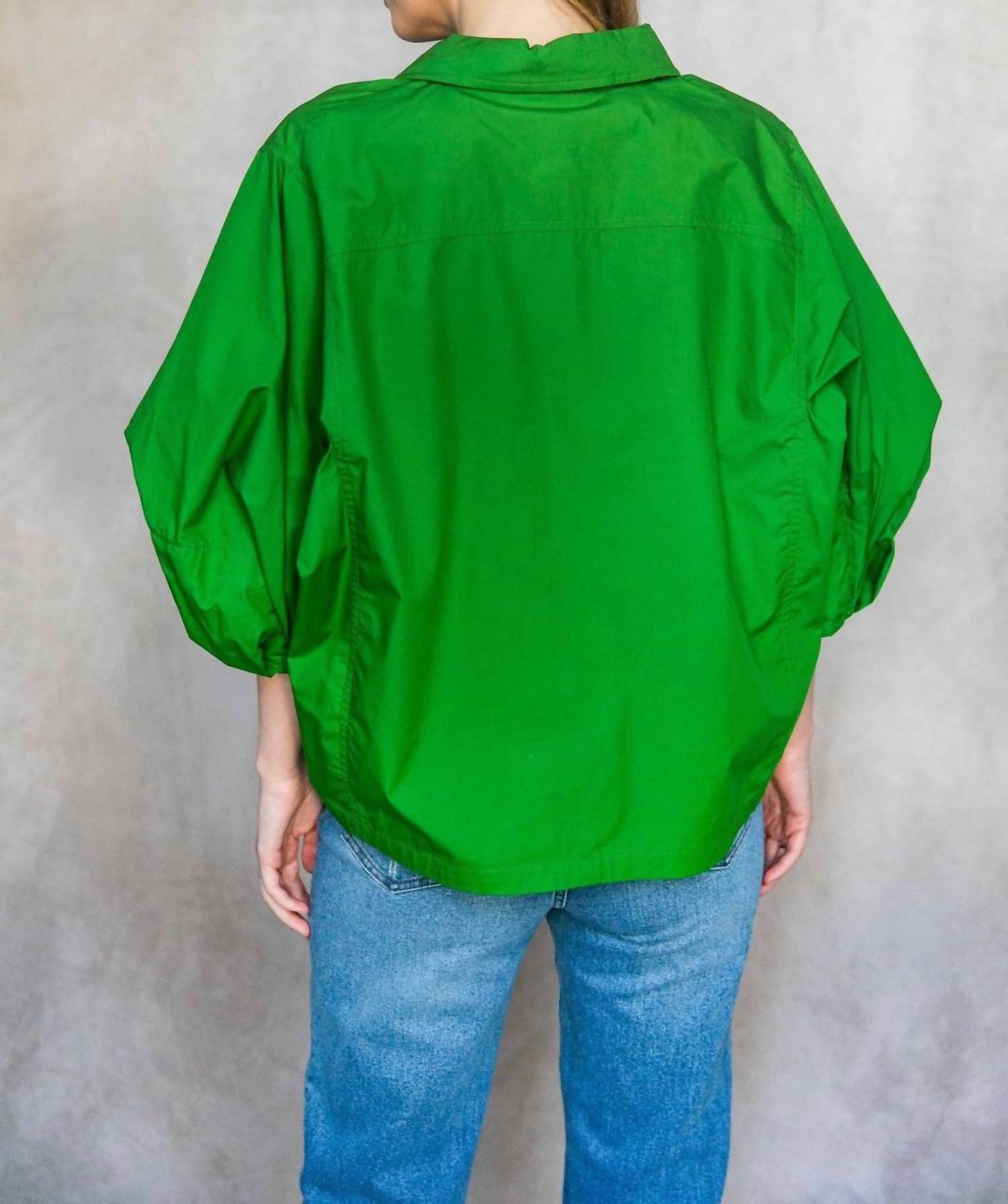 P.CILL Poplin Bishop Sleeve Button Up Blouse in apple green - women's blouse - detail view