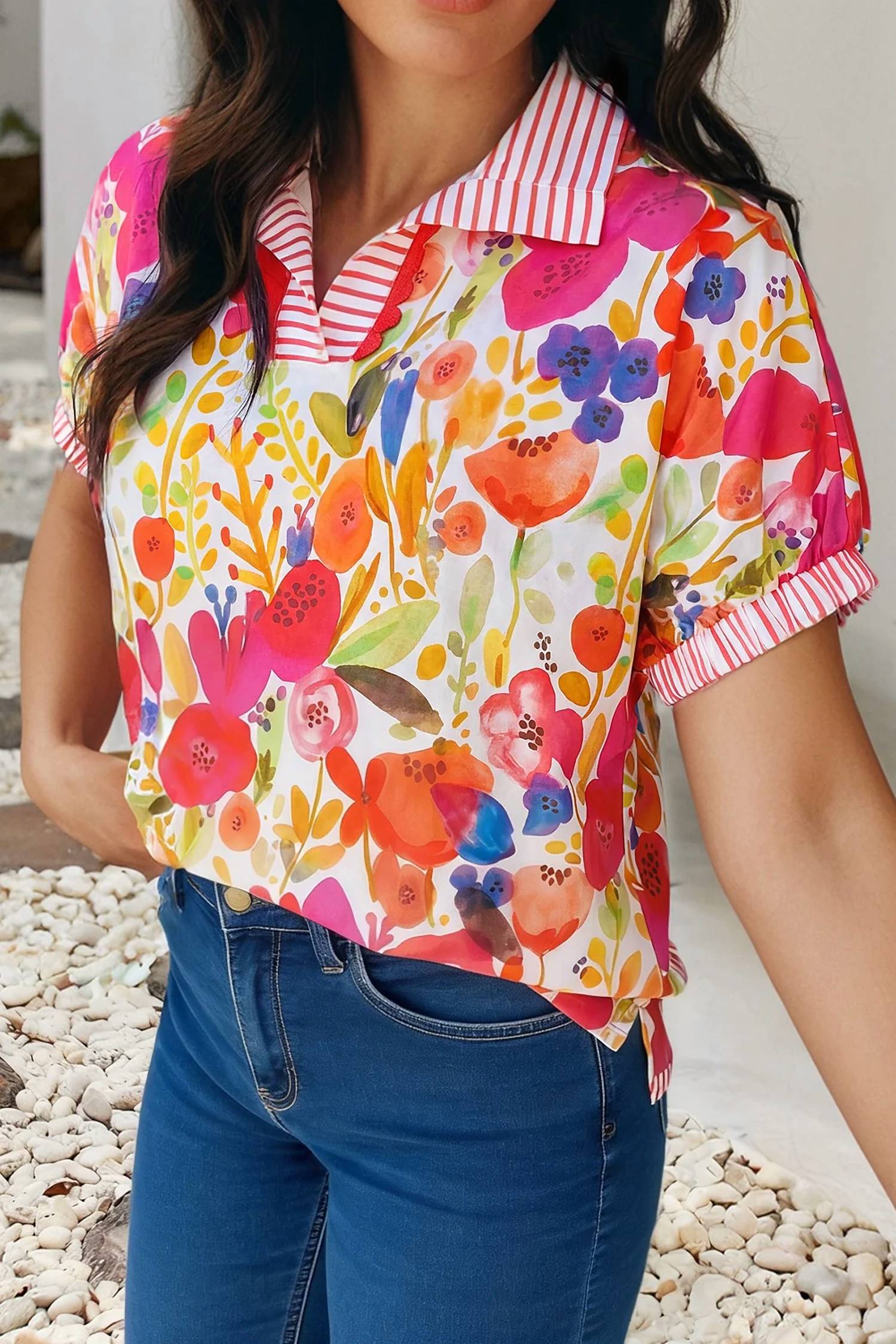 Little Daisy Closet - Striped Trim Collared V Neck Floral Blouse