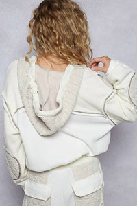 POL Hooded Button Down Combo Shacket in cream beige - women's jacket - detail view