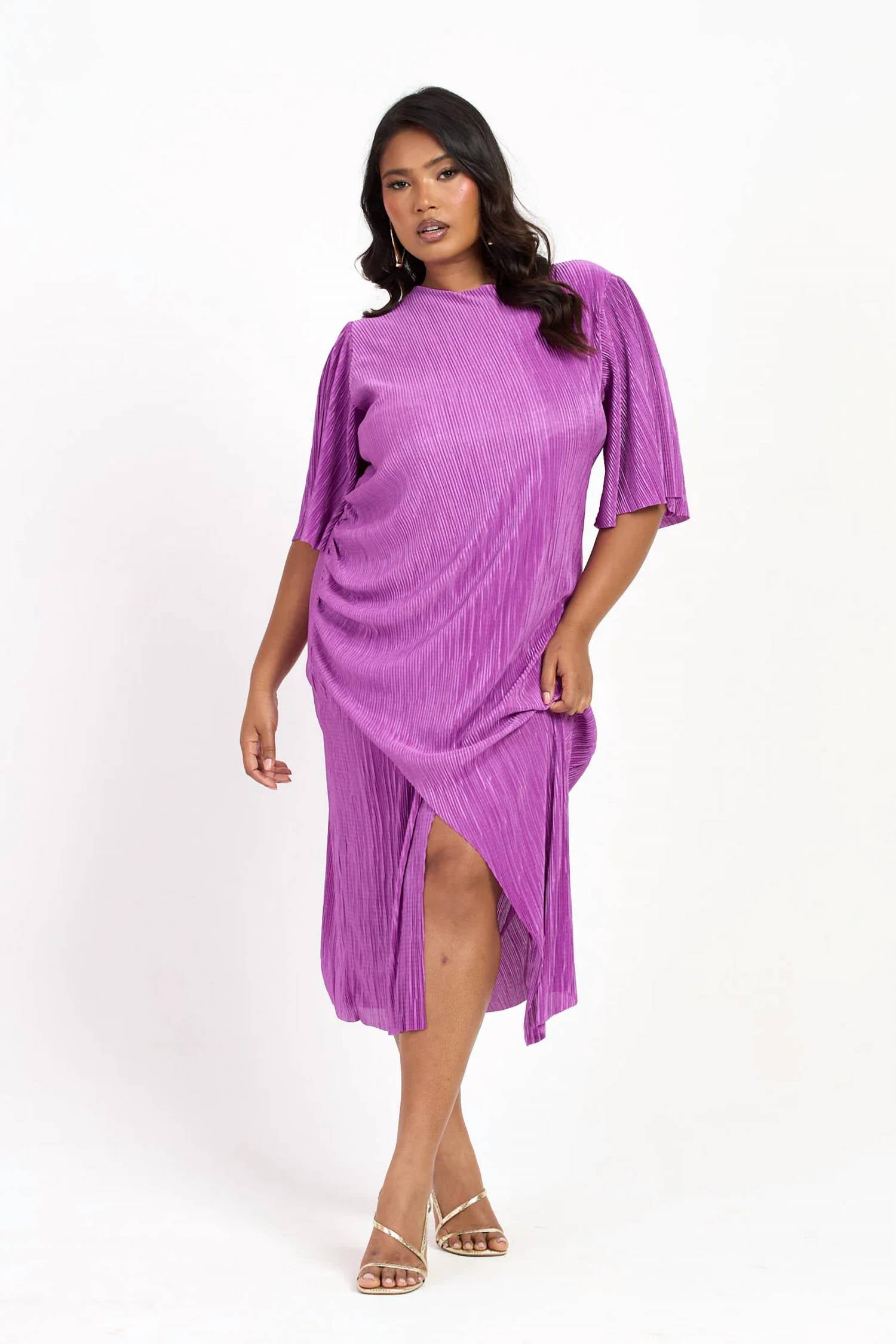 Fashion Szn Curve - Ruched Side Flutter Sleeve Midi Dress