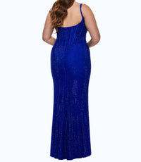 La Femme Rhinestone Fishnet Dress With Bustier Corset Style Top in royal - women's dress - detail view