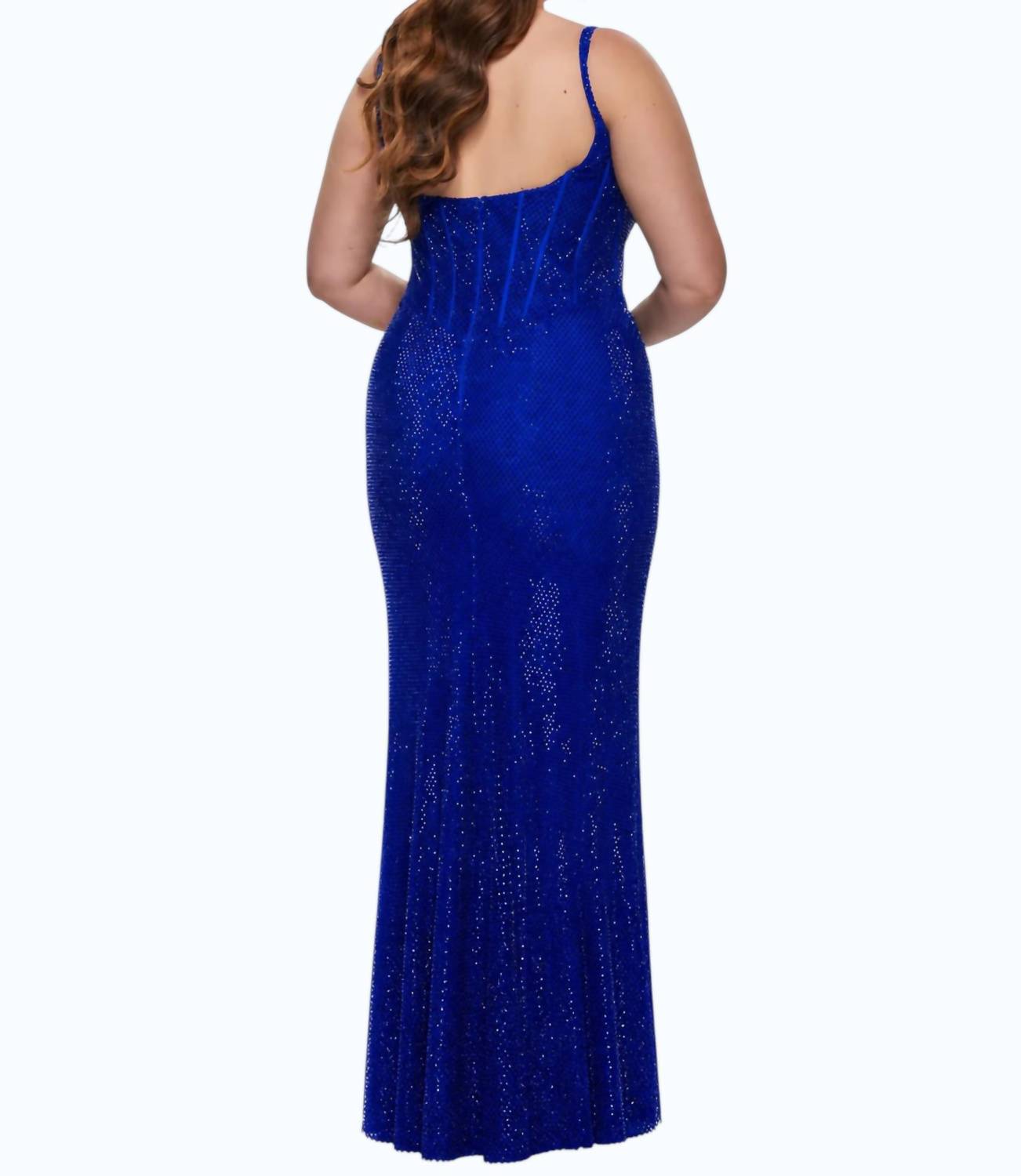 La Femme Rhinestone Fishnet Dress With Bustier Corset Style Top in royal - women's dress - detail view