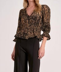 Elan - Autumn Blouse Smocked Ruffle Long Sleeve Top