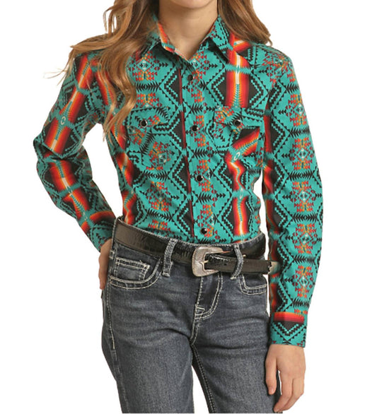 Rock & Roll Cowgirl - Girls Aztec Snap Western Shirt