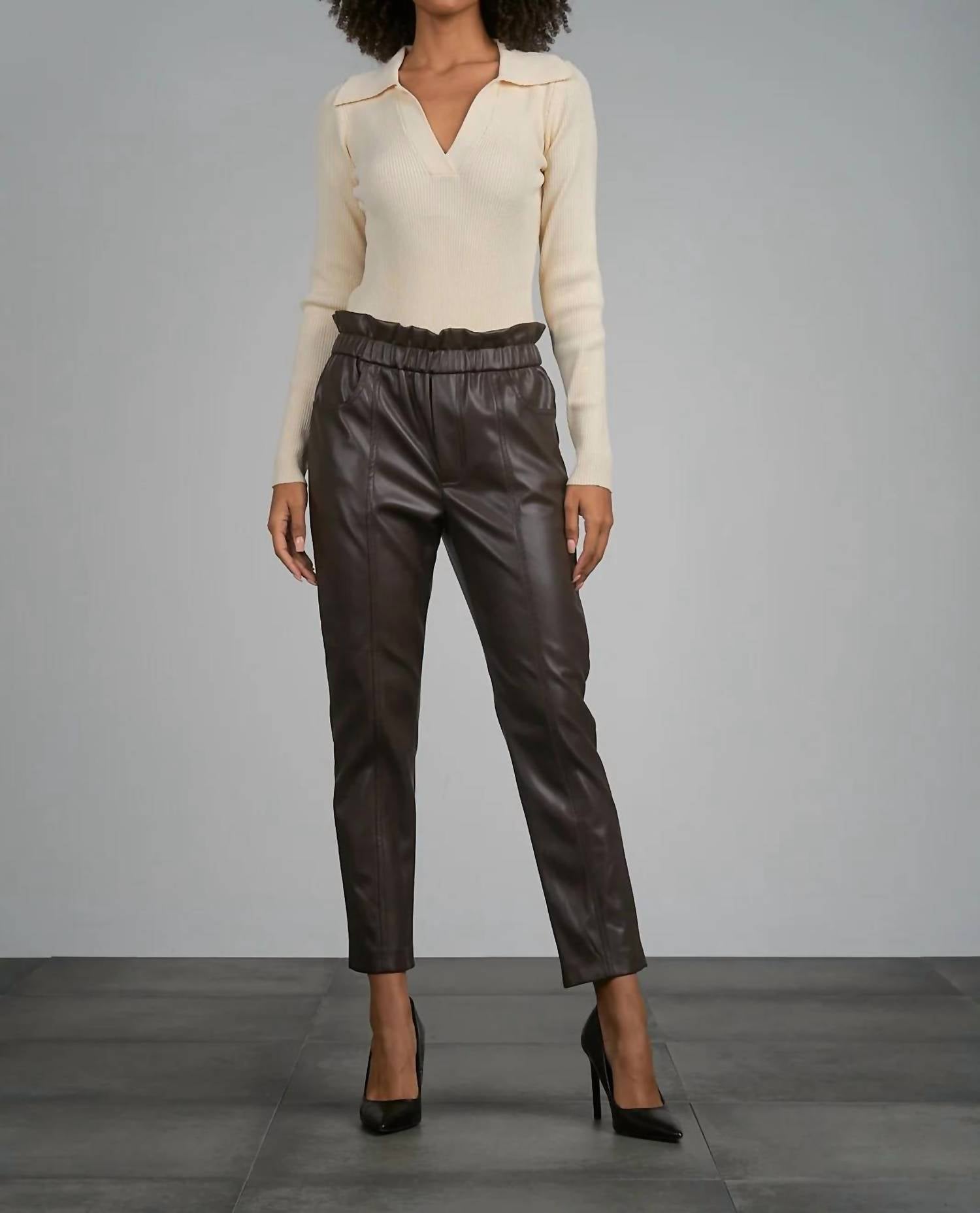 Elan - Ruffle Elastic Faux Leather Pants
