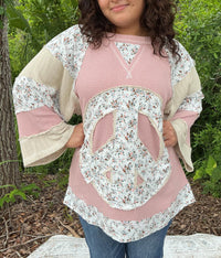Pol - Peace Long Sleeve Patchwork Top