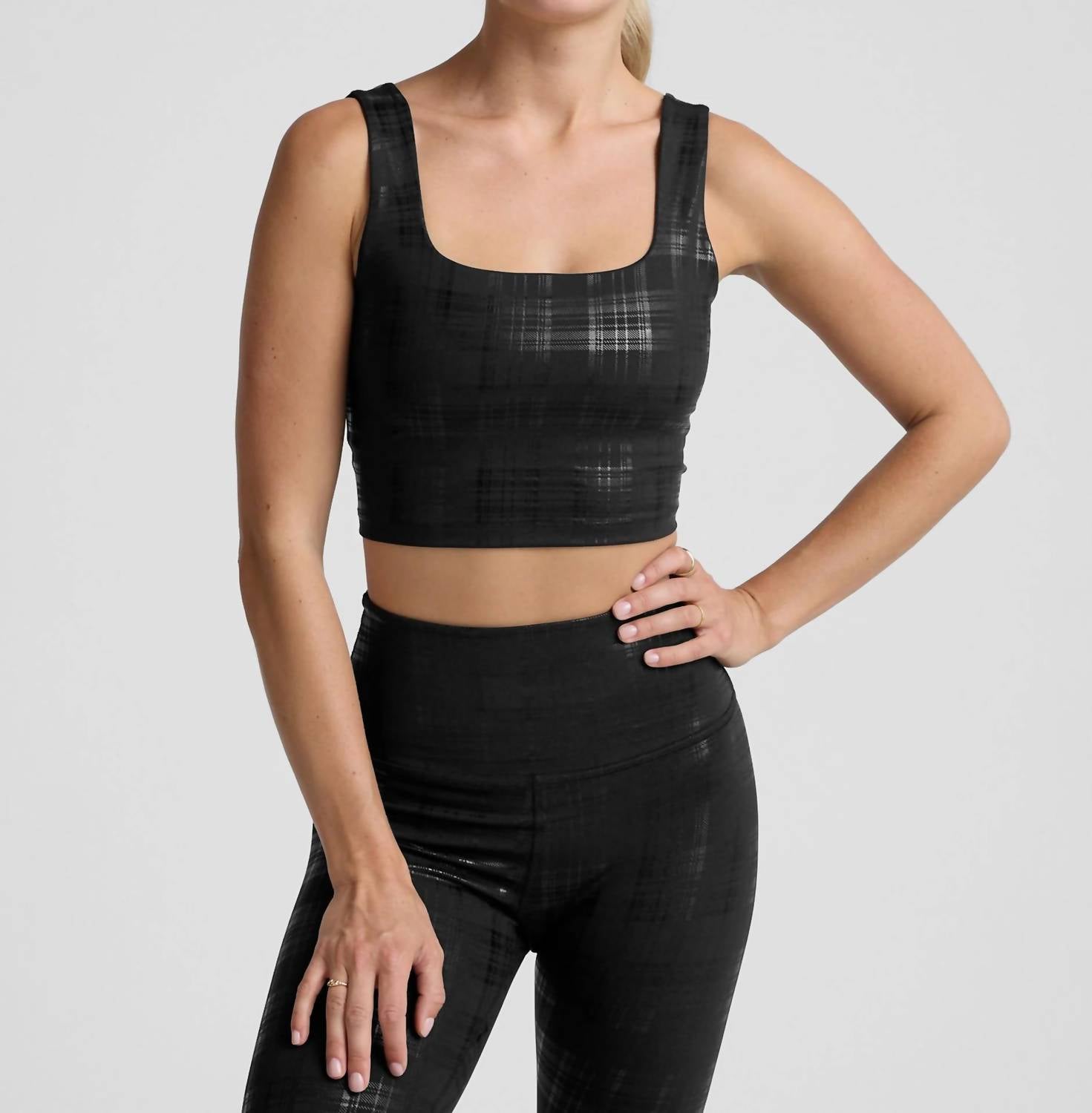 BEYOND YOGA Studio High Cropped Tank in plaid foil black - women's tank top - detail view