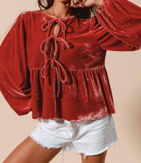 So Me Carmine Velvet Front Tie Peplum Blouse in red - women's blouse - alternate view