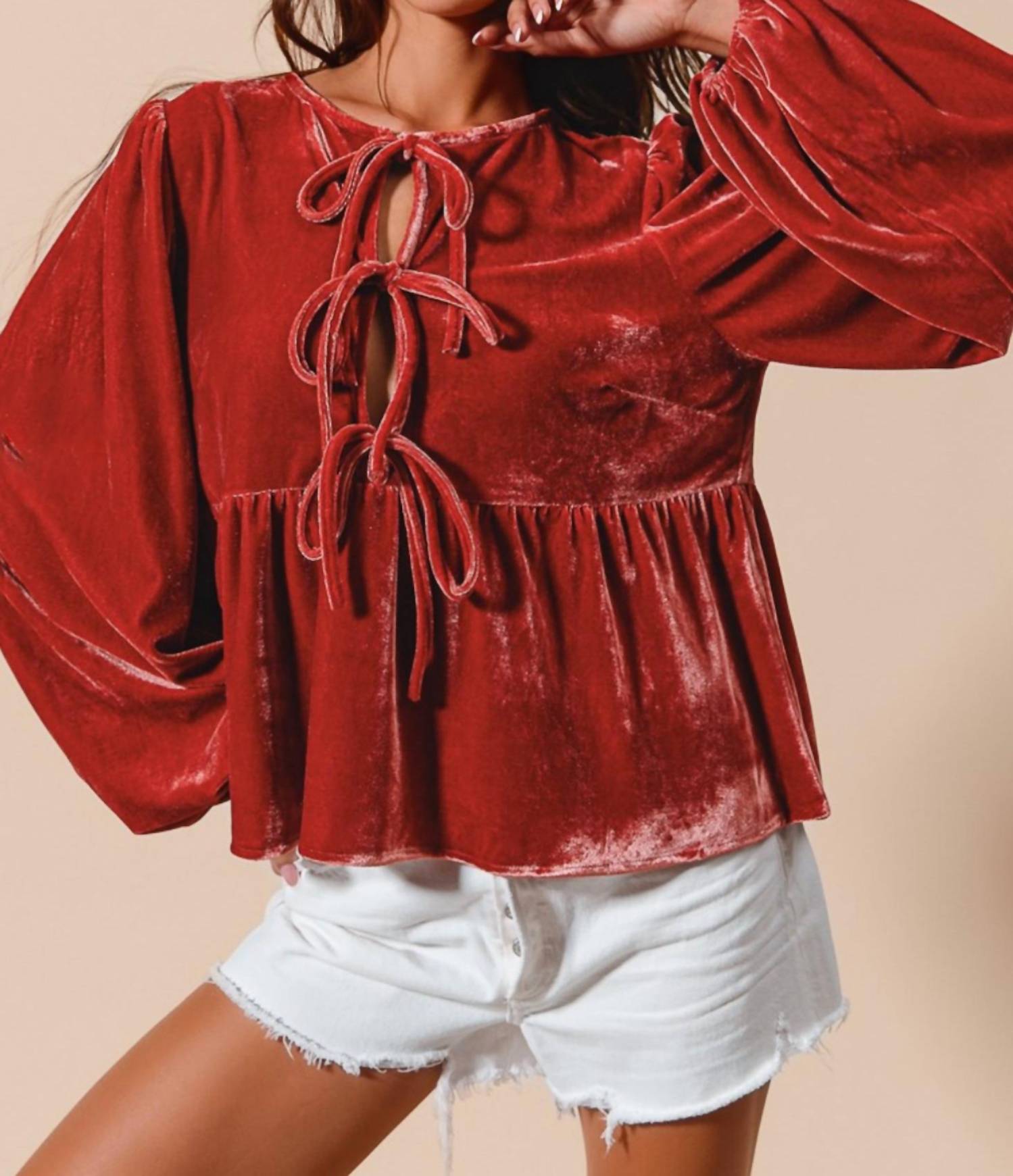 So Me Carmine Velvet Front Tie Peplum Blouse in red - women's blouse - alternate view