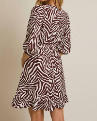 GILLI Tie Waist Mini Dress in ivory brown zebra - women's dress - detail view