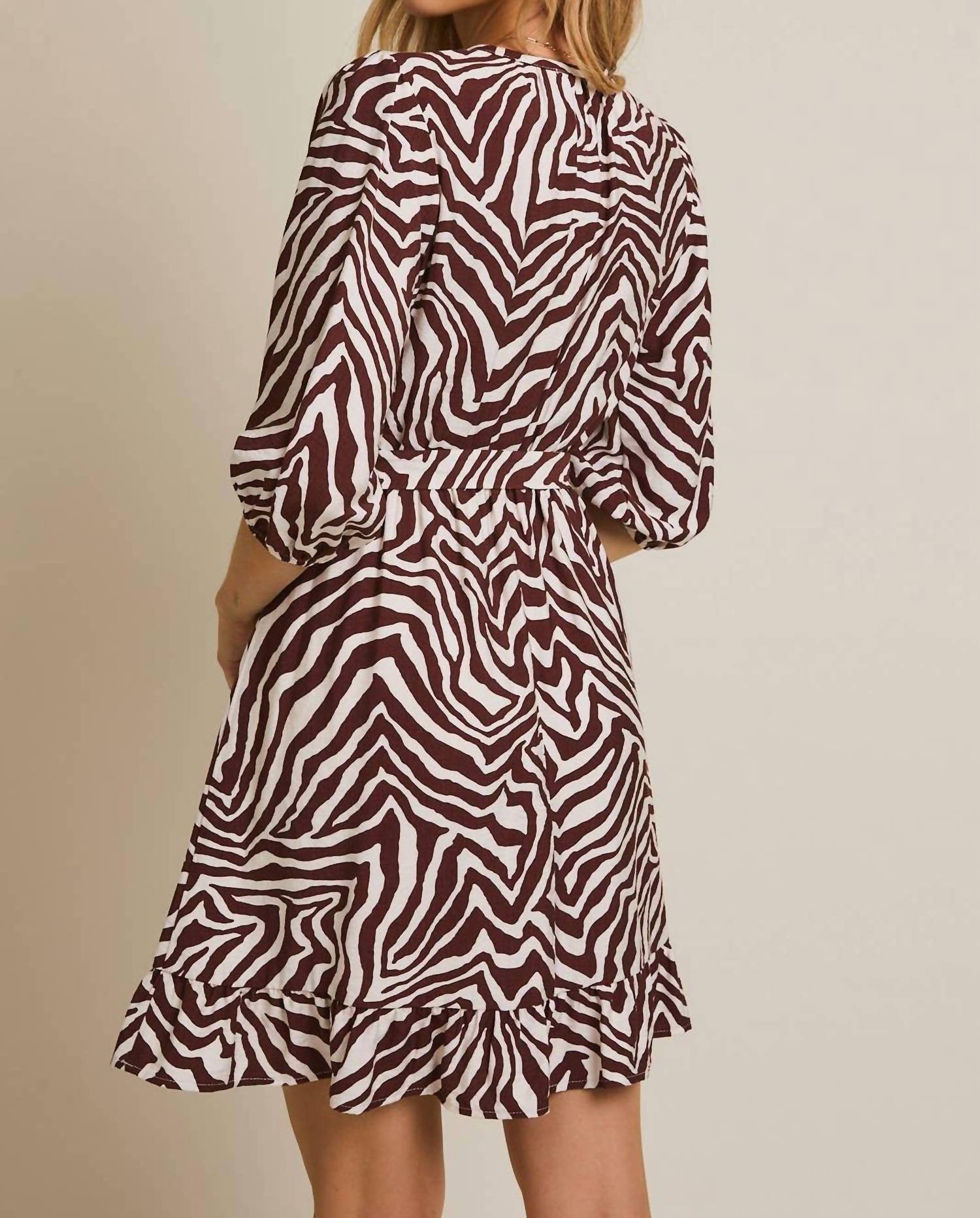 GILLI Tie Waist Mini Dress in ivory brown zebra - women's dress - detail view