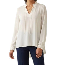 Renuar Long Sleeve Ruffle Neck Woven Blouse in white - women's blouse