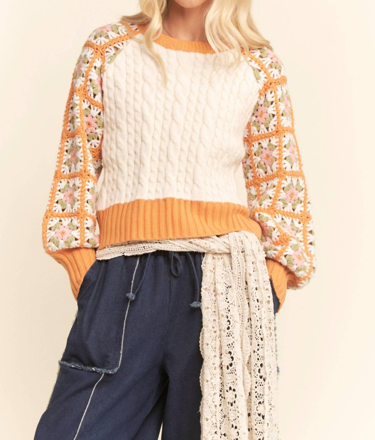 Davi & Dani - Cable Knit Ribbed Cuffs Sweater Top