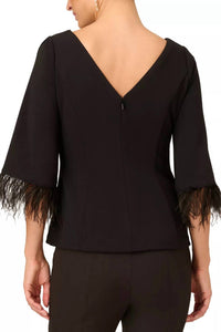 Adrianna Papell - Feather-cuff Three Quarter Sleeve Crepe Top