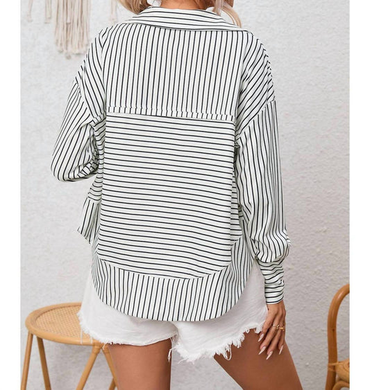 Umorger - Striped Thumbhole Drop Shoulder V Neck Top