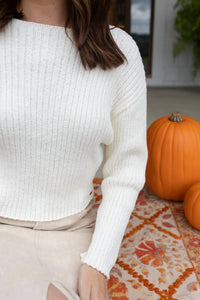 Q2 Relaxed Ribbed Boat Neck Sweater in cream - women's sweater - detail view