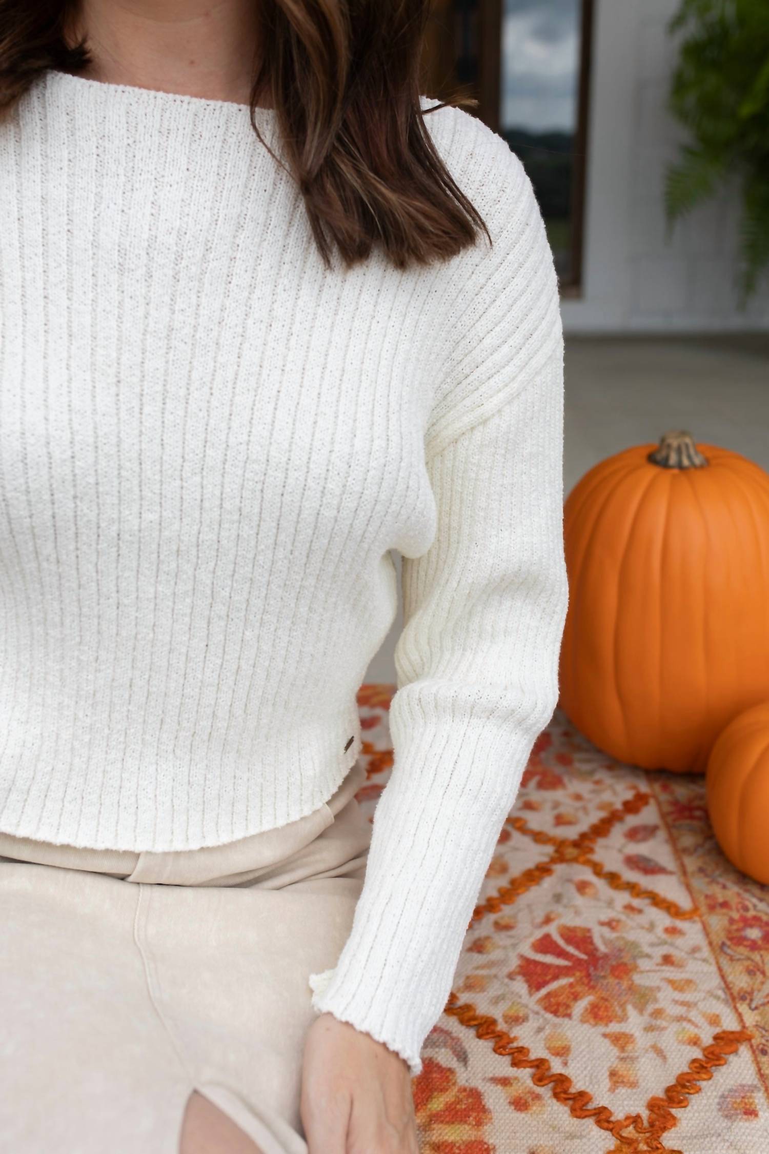 Q2 Relaxed Ribbed Boat Neck Sweater in cream - women's sweater - detail view